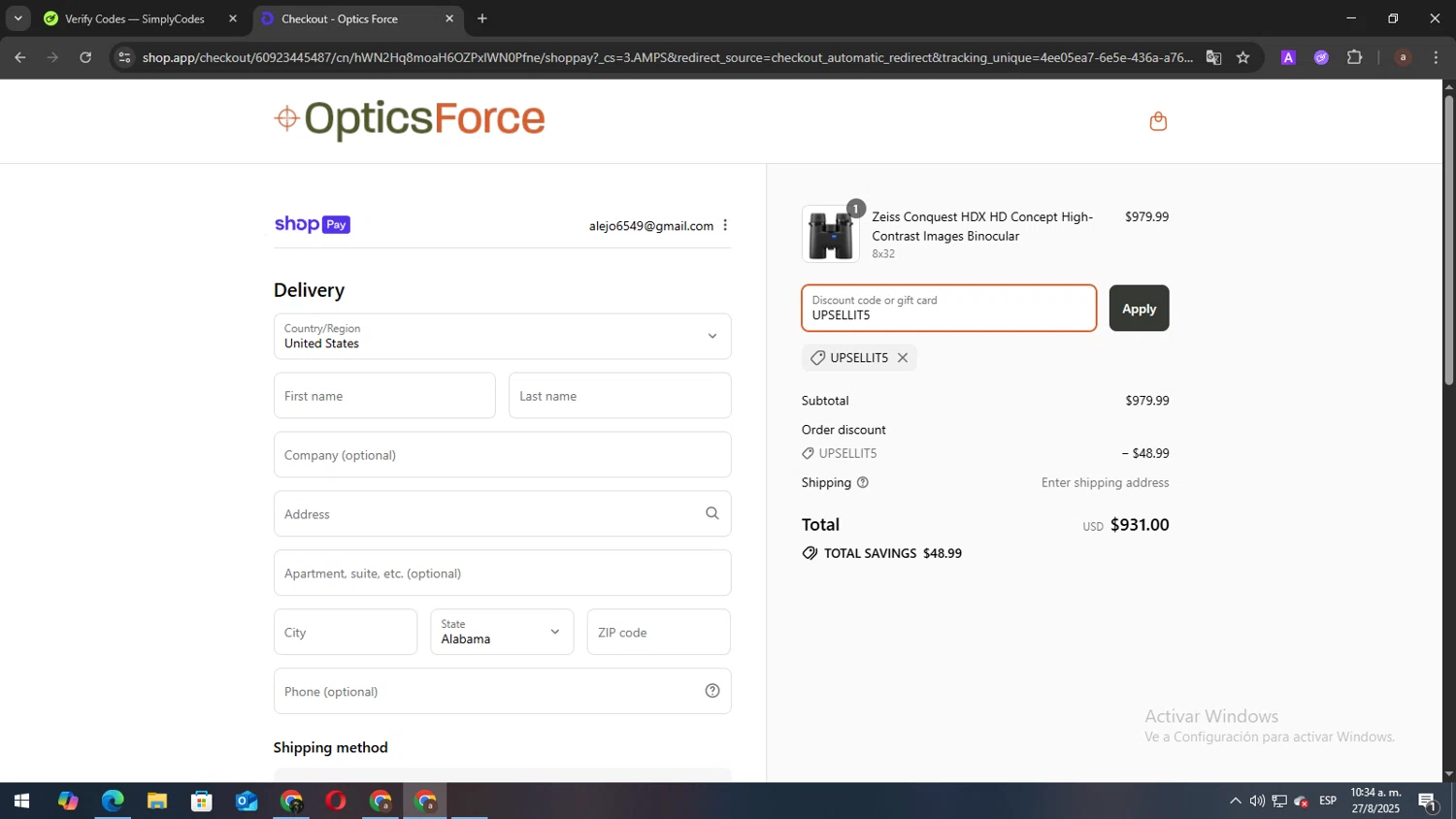 Optics Force discount code screenshot showing code UPSELLIT5 applied at Optics Force checkout page. Uploaded by SimplyCodes community member elbicho22 on Aug 27, 2025