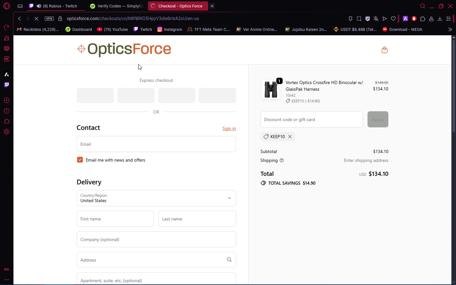 Optics Force discount code screenshot showing code KEEP10 applied at Optics Force checkout page. Uploaded by SimplyCodes community member VoucherAce8469 on Dec 12, 2025