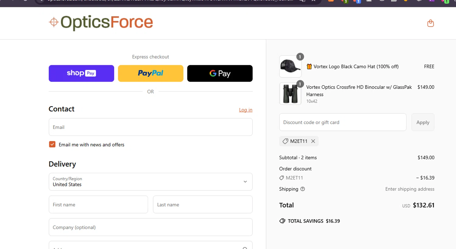 Optics Force discount code screenshot showing code M2ET11 applied at Optics Force checkout page. Uploaded by SimplyCodes community member ashe1986 on May 23, 2025