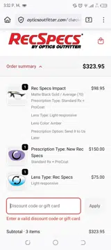 OPTICS25 coupon verification screenshot