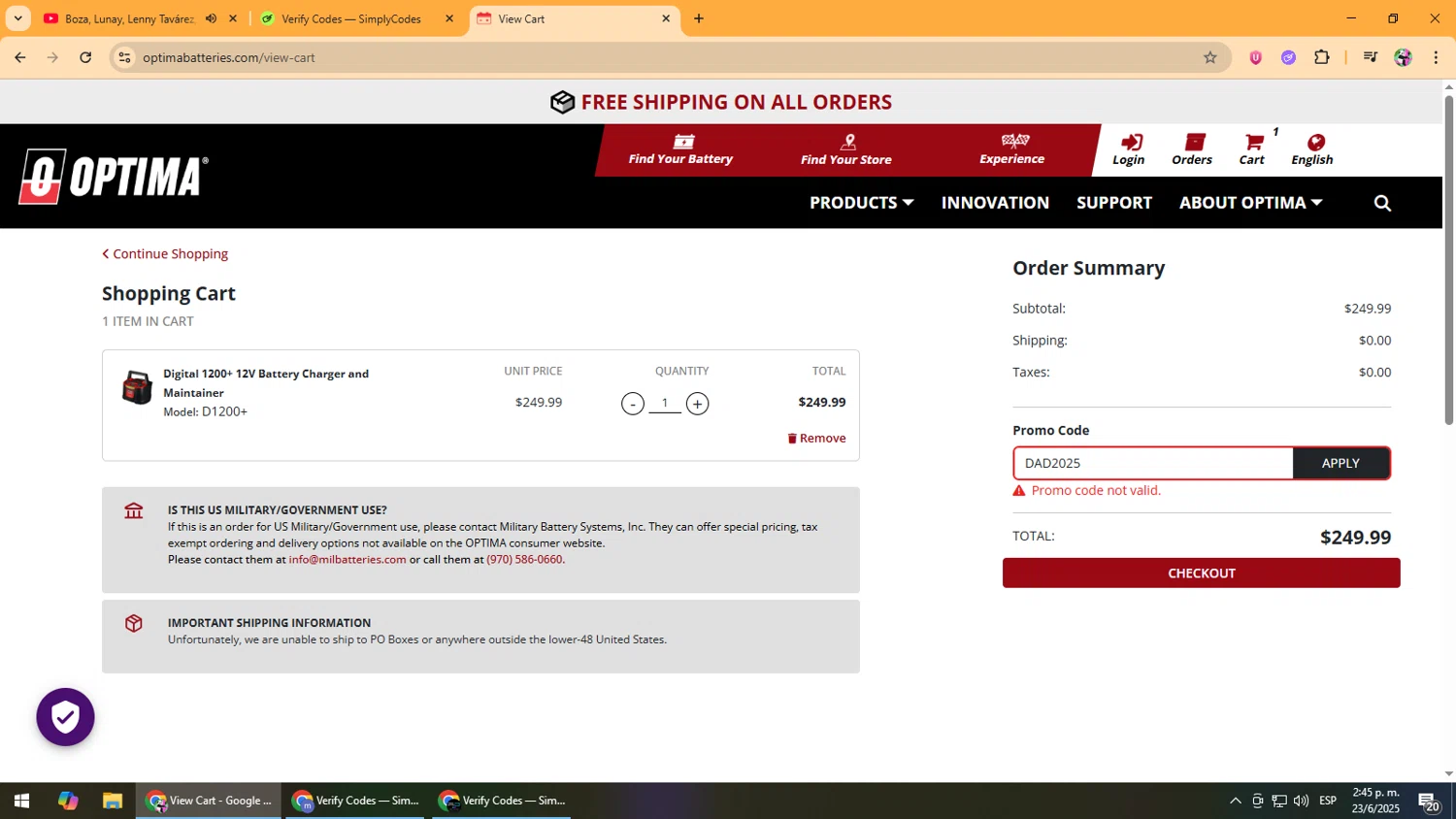 Optima Batteries coupon code screenshot showing code DAD2025 applied at Optima Batteries checkout page. Uploaded by SimplyCodes community member Vanmanuel on Jun 23, 2025