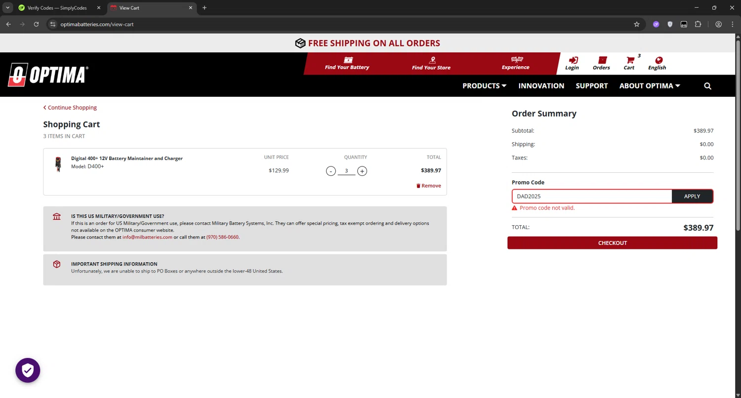 Optima Batteries coupon code screenshot showing code DAD2025 applied at Optima Batteries checkout page. Uploaded by SimplyCodes community member manuelchirinos2 on Jun 23, 2025