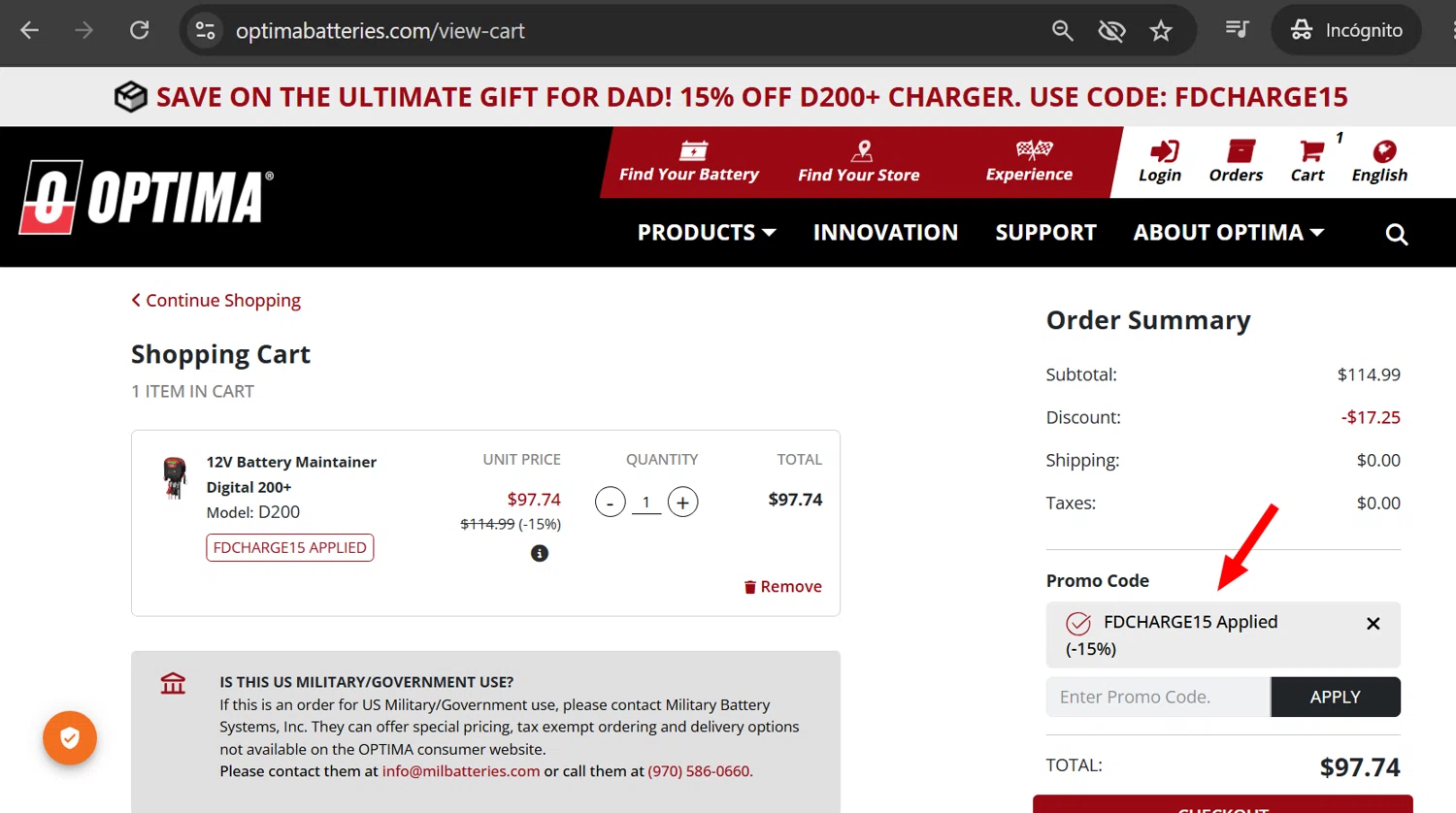 Optima Batteries promo code screenshot showing code FDCHARGE15 applied at Optima Batteries checkout page. Uploaded by SimplyCodes community member anosesmith on Jun 5, 2026