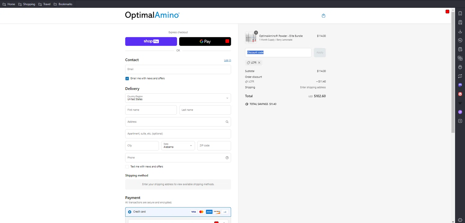 OptimalAmino promo code screenshot showing code LCFR applied at OptimalAmino checkout page. Uploaded by SimplyCodes community member kaiser2 on May 22, 2025
