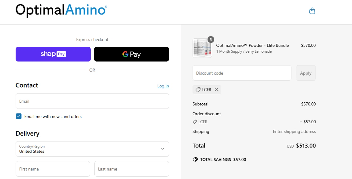 OptimalAmino promo code screenshot showing code LCFR applied at OptimalAmino checkout page. Uploaded by SimplyCodes community member Milk_Tea on Jun 24, 2025