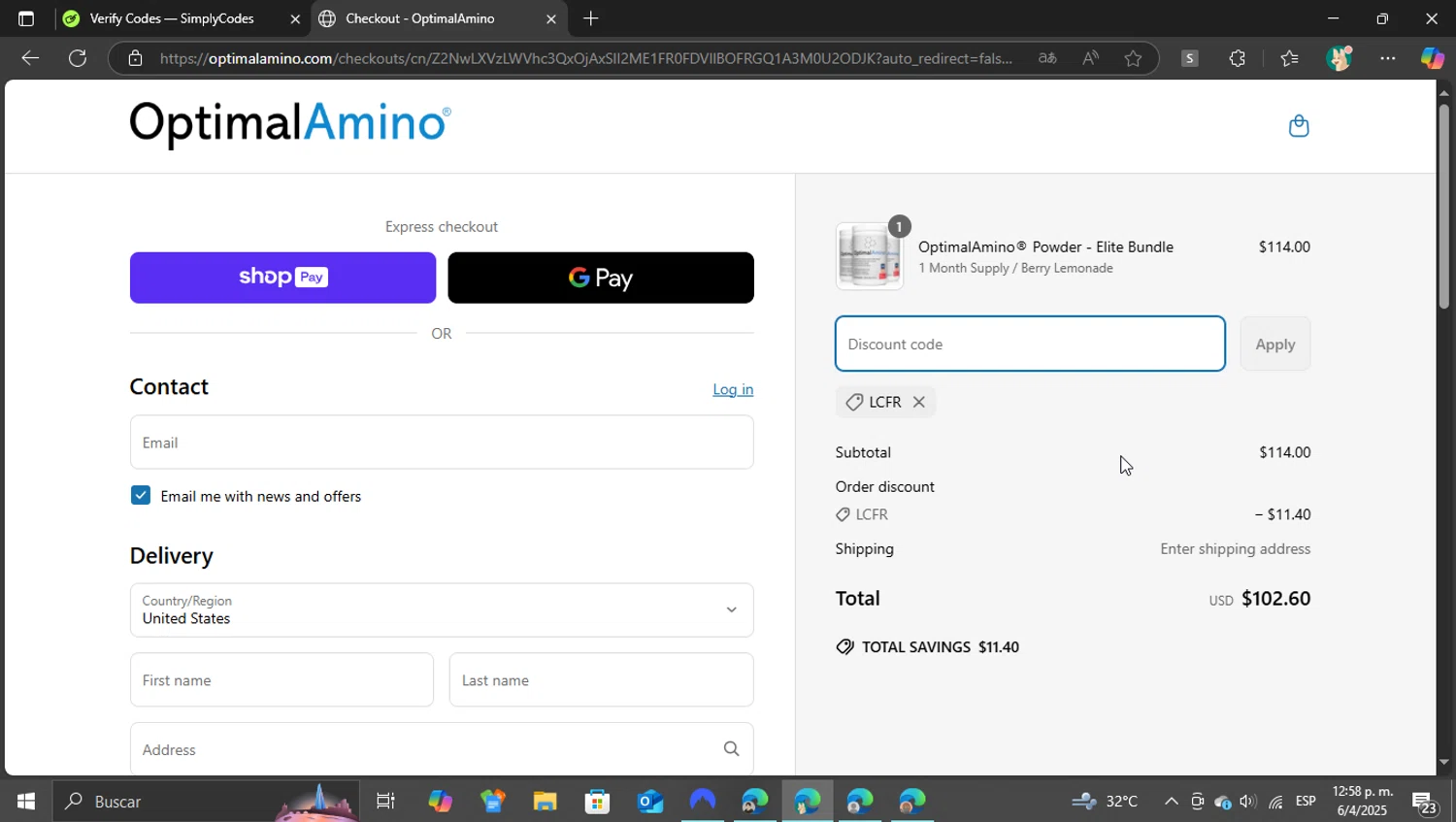 OptimalAmino promo code screenshot showing code LCFR applied at OptimalAmino checkout page. Uploaded by SimplyCodes community member arminarlet on Apr 6, 2025