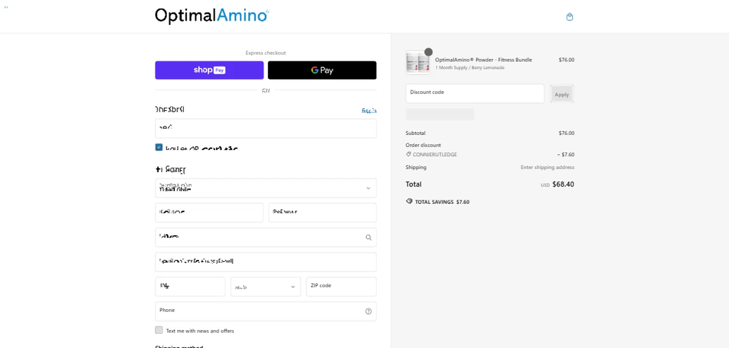 OptimalAmino promo code screenshot showing code CONNIERUTLEDGE applied at OptimalAmino checkout page. Uploaded by SimplyCodes community member TreasureKnight4134 on Feb 10, 2025