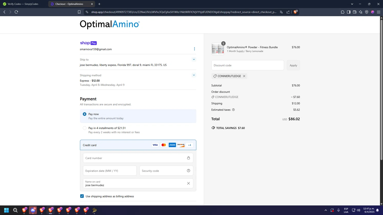 OptimalAmino promo code screenshot showing code CONNIERUTLEDGE applied at OptimalAmino checkout page. Uploaded by SimplyCodes community member diosgreed2030 on Apr 6, 2025