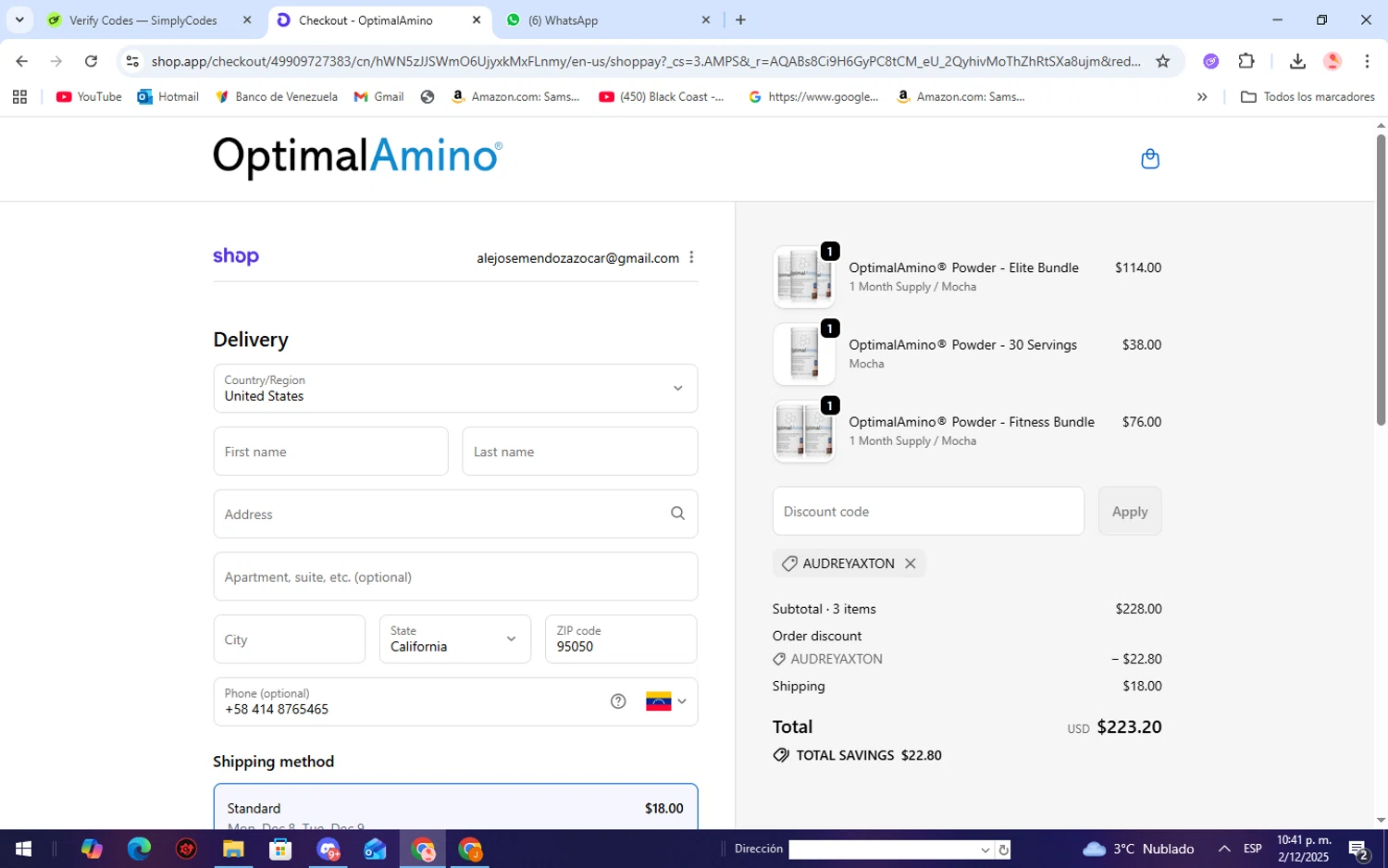 OptimalAmino promo code screenshot showing code AUDREYAXTON applied at OptimalAmino checkout page. Uploaded by SimplyCodes community member WiseScholar9036 on Dec 3, 2025