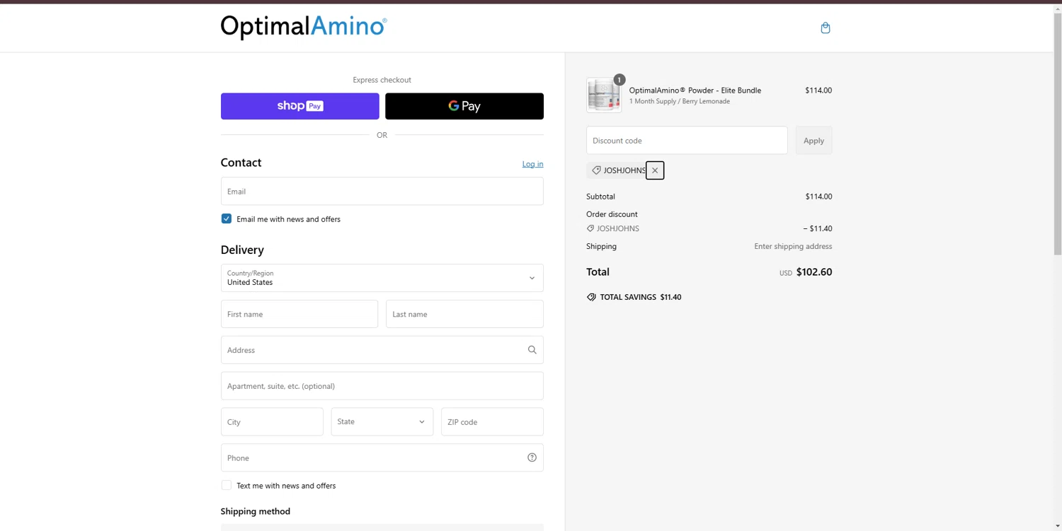 OptimalAmino promo code screenshot showing code JOSHJOHNS applied at OptimalAmino checkout page. Uploaded by SimplyCodes community member VictoriousChaser2162 on Feb 10, 2025