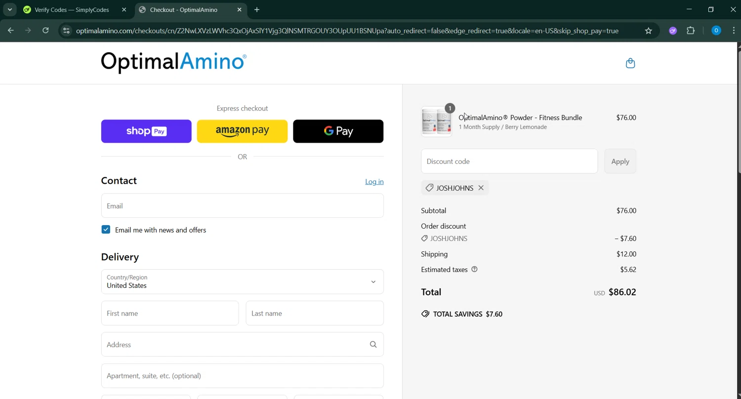 OptimalAmino promo code screenshot showing code JOSHJOHNS applied at OptimalAmino checkout page. Uploaded by SimplyCodes community member GoldChaser6627 on May 13, 2025