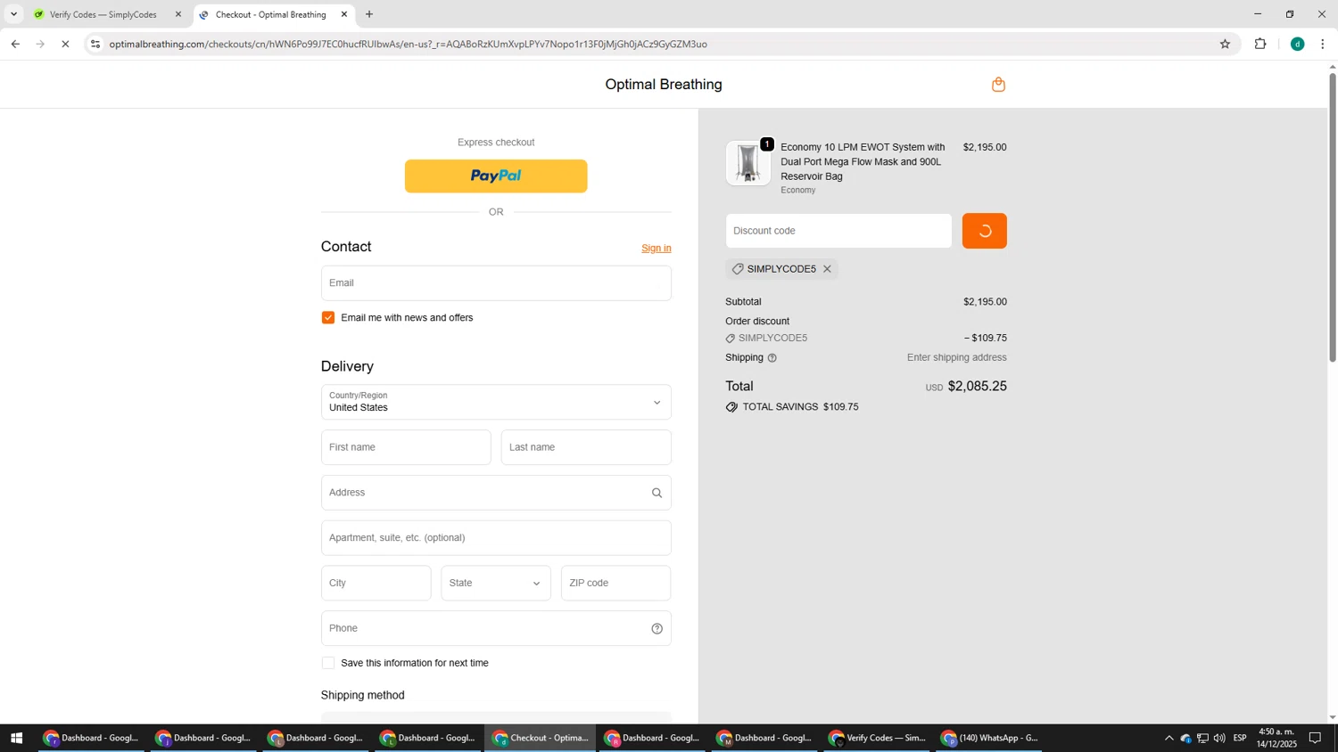 Optimal Breathing promo code screenshot showing code SIMPLYCODE5 applied at Optimal Breathing checkout page. Uploaded by SimplyCodes community member HEROESCUDA on Dec 14, 2025