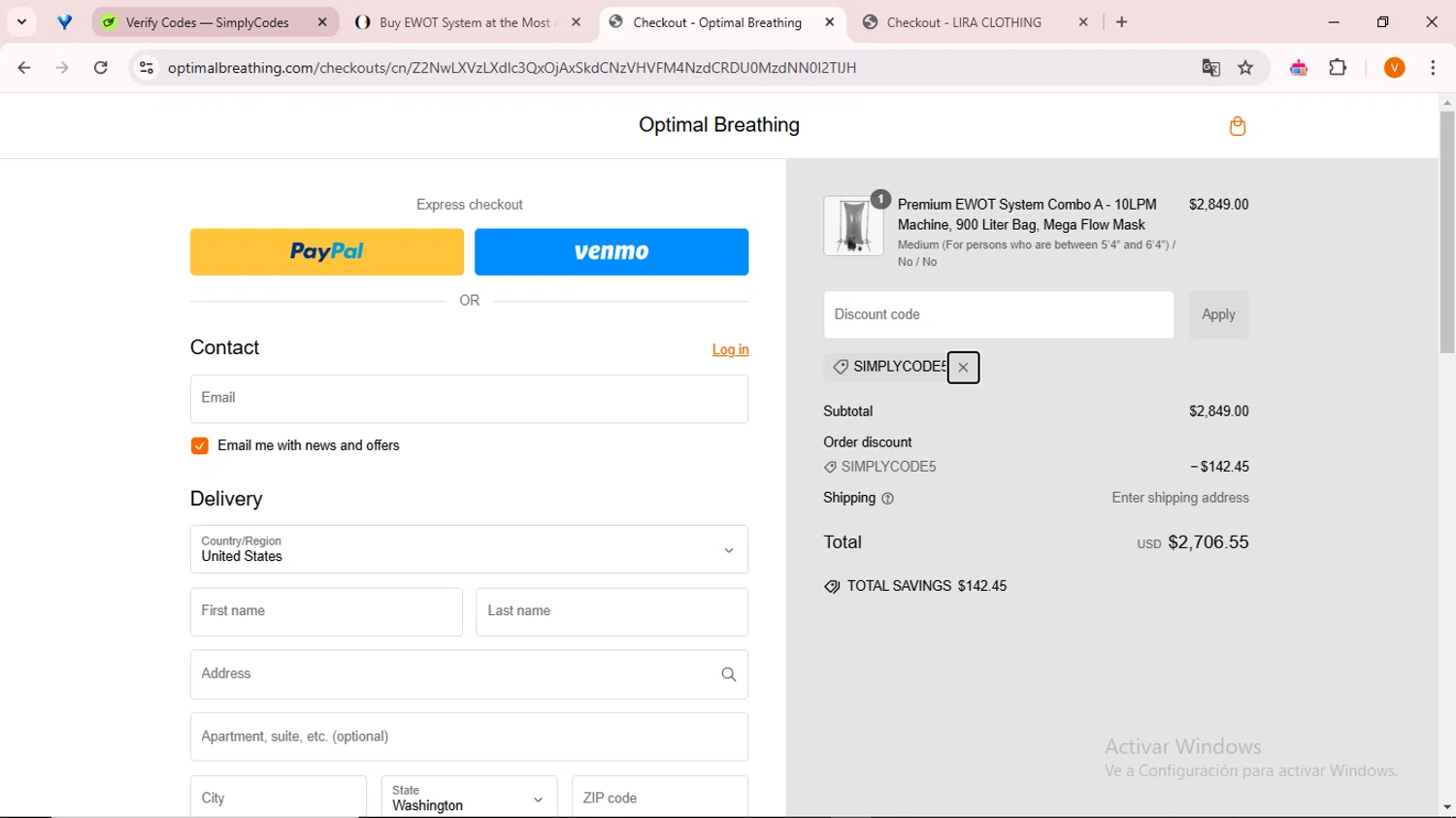 Optimal Breathing promo code screenshot showing code SIMPLYCODE5 applied at Optimal Breathing checkout page. Uploaded by SimplyCodes community member ExtraordinarySaver9637 on Dec 30, 2024