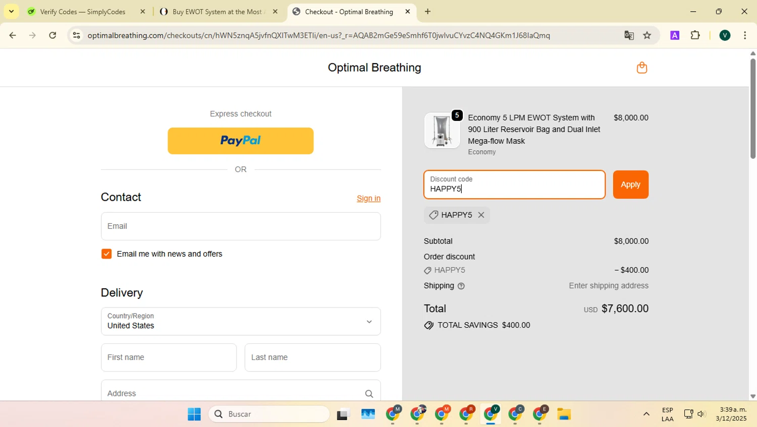 Optimal Breathing promo code screenshot showing code HAPPY5 applied at Optimal Breathing checkout page. Uploaded by SimplyCodes community member FrugalHawk8896 on Dec 3, 2025