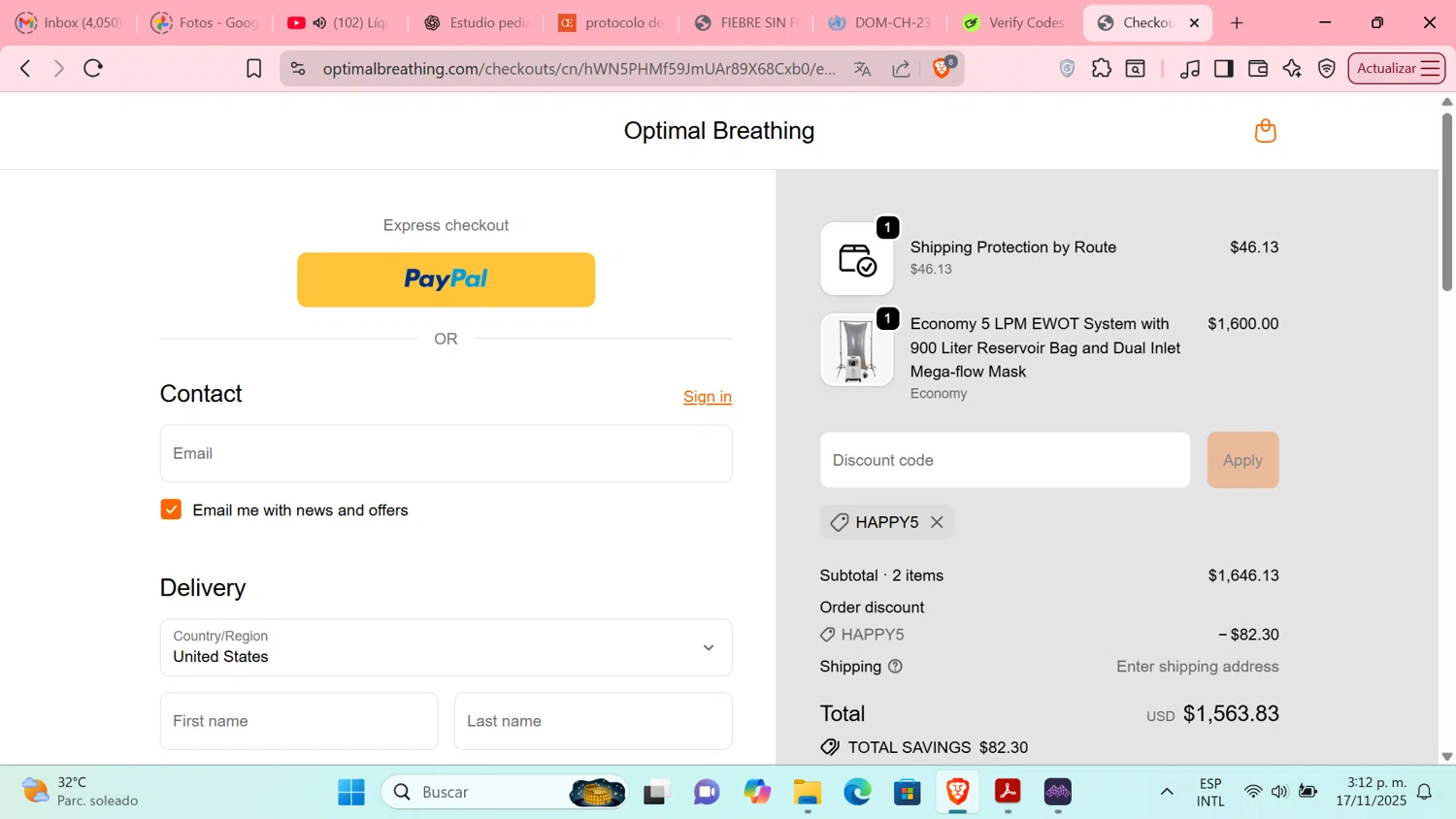 Optimal Breathing promo code screenshot showing code HAPPY5 applied at Optimal Breathing checkout page. Uploaded by SimplyCodes community member Tratala on Nov 17, 2025