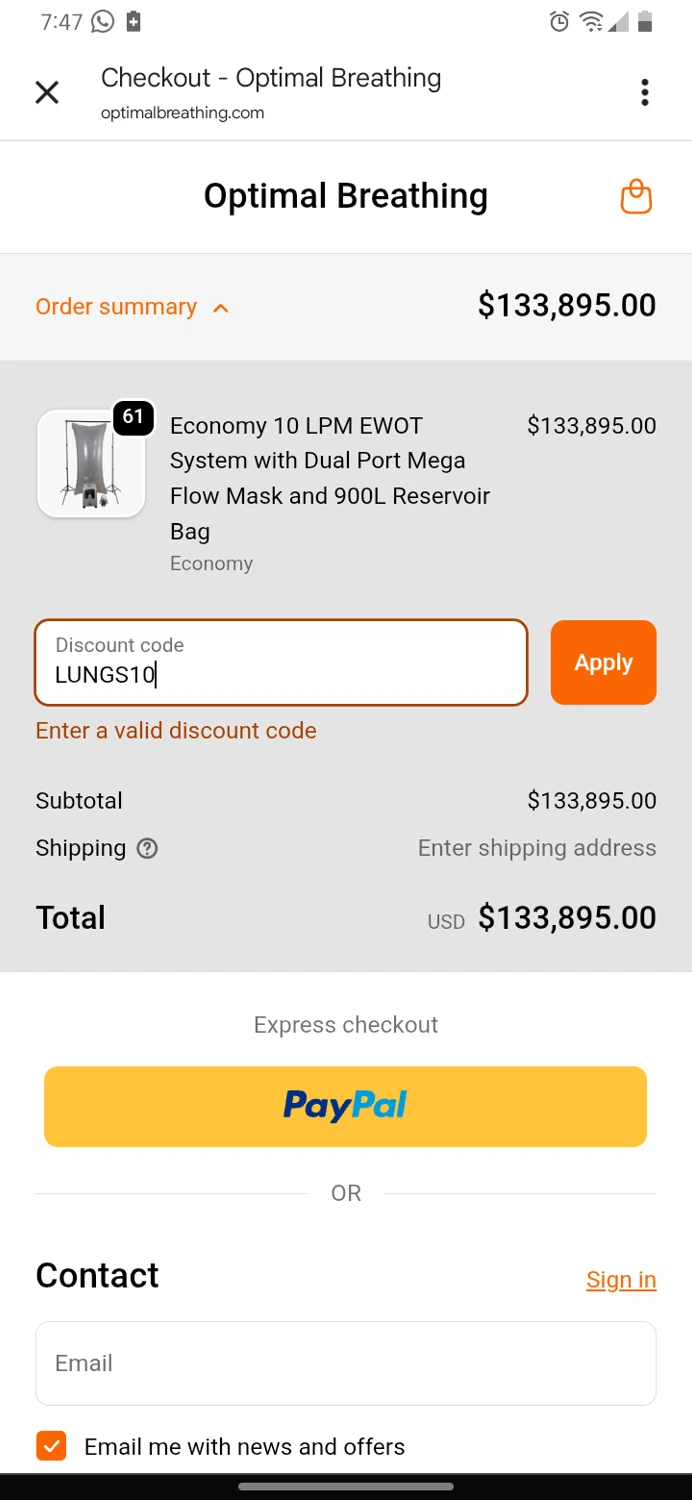 Optimal Breathing promo code screenshot showing code LUNGS10 applied at Optimal Breathing checkout page. Uploaded by SimplyCodes community member TokenBoss3478 on Oct 30, 2025