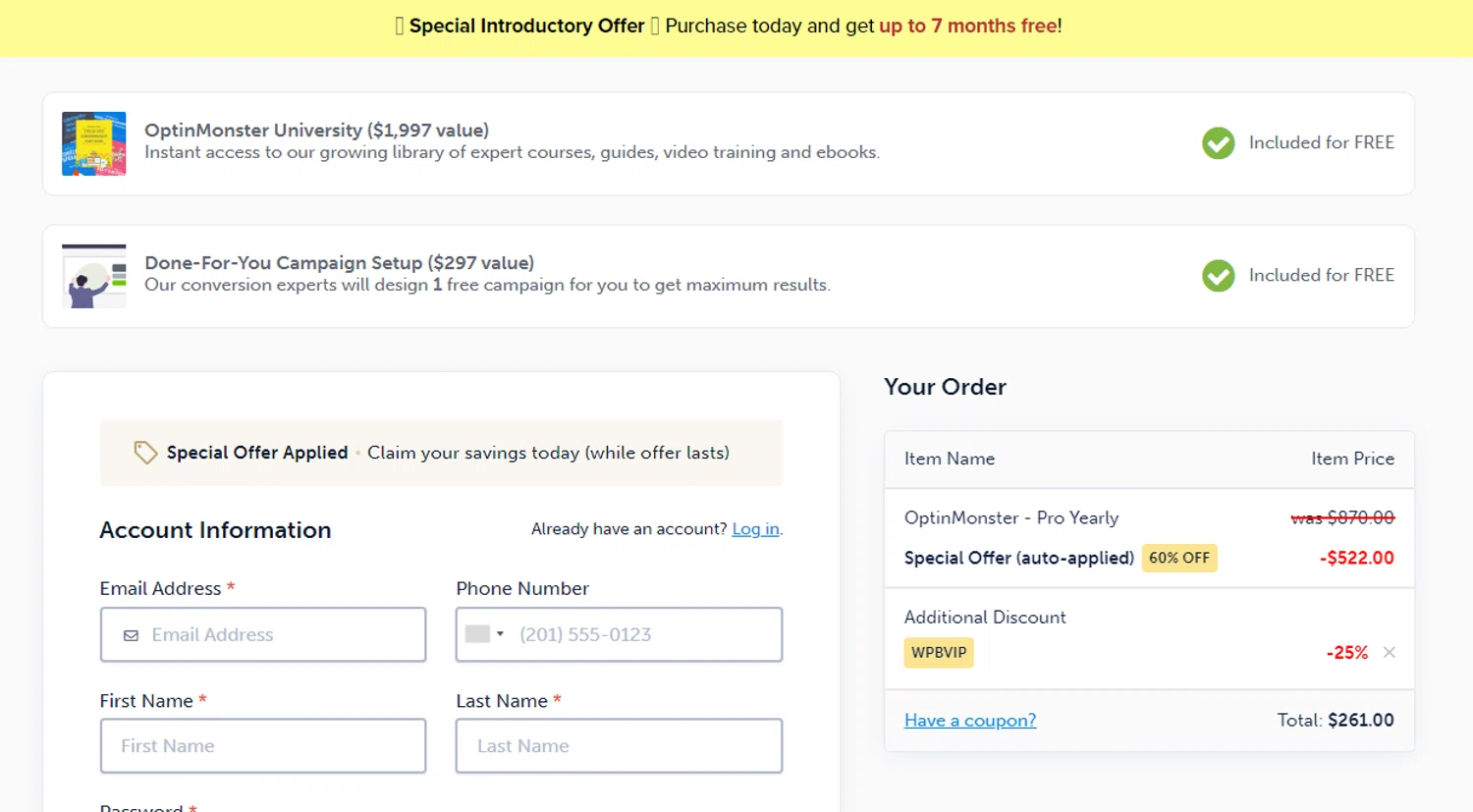 OptinMonster coupon code screenshot showing code WPBVIP applied at OptinMonster checkout page. Uploaded by SimplyCodes community member Gonzalez010203 on May 22, 2025