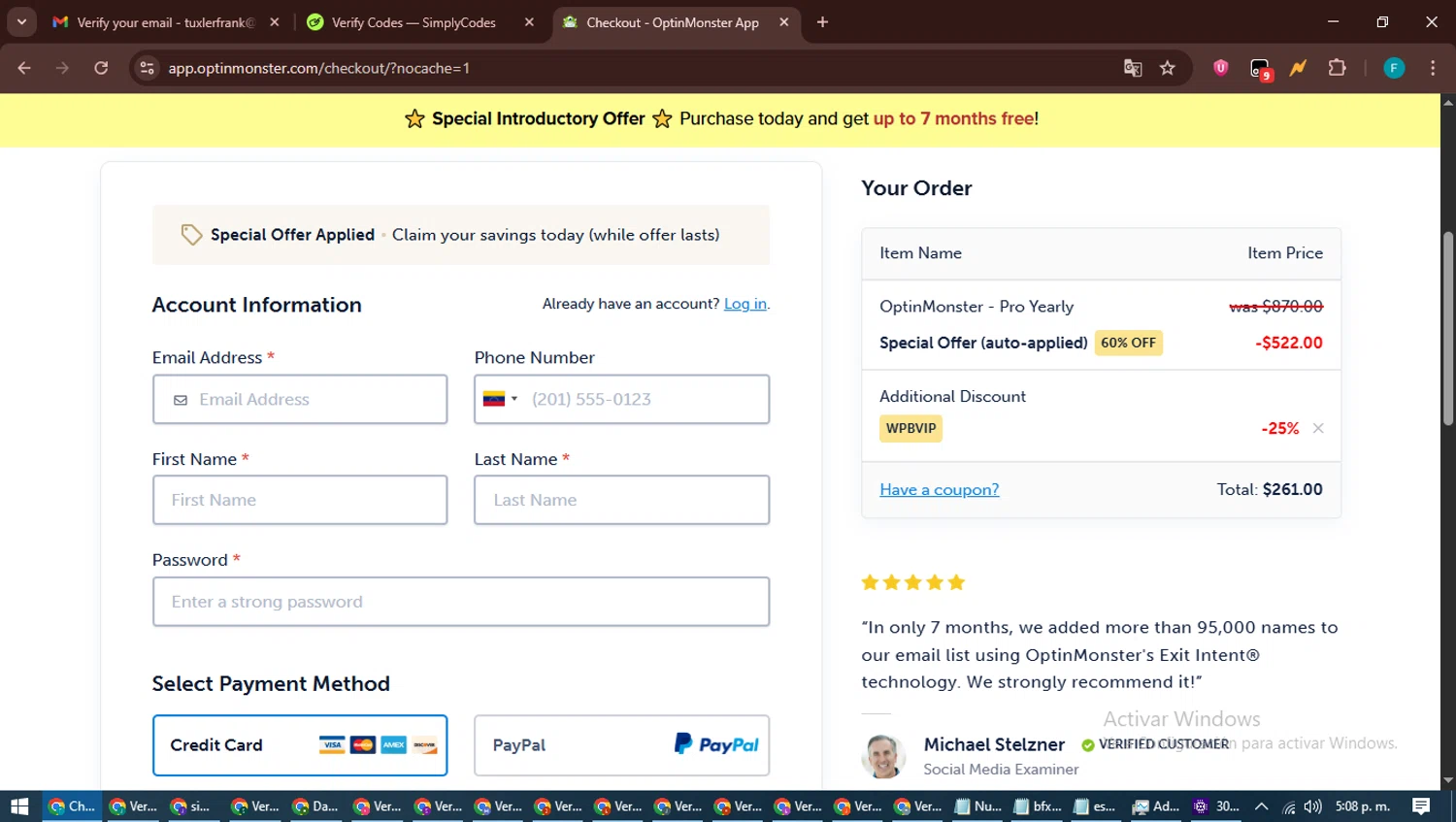 OptinMonster coupon code screenshot showing code WPBVIP applied at OptinMonster checkout page. Uploaded by SimplyCodes community member ShrewdTitan3233 on Jun 19, 2025