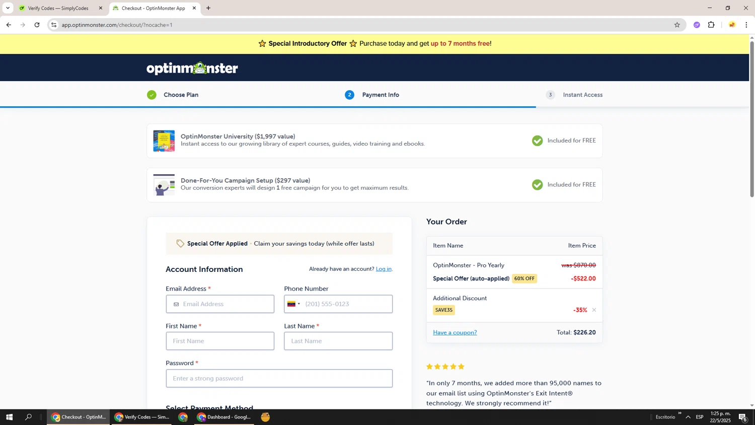OptinMonster coupon code screenshot showing code SAVE35 applied at OptinMonster checkout page. Uploaded by SimplyCodes community member Richard251 on May 22, 2025