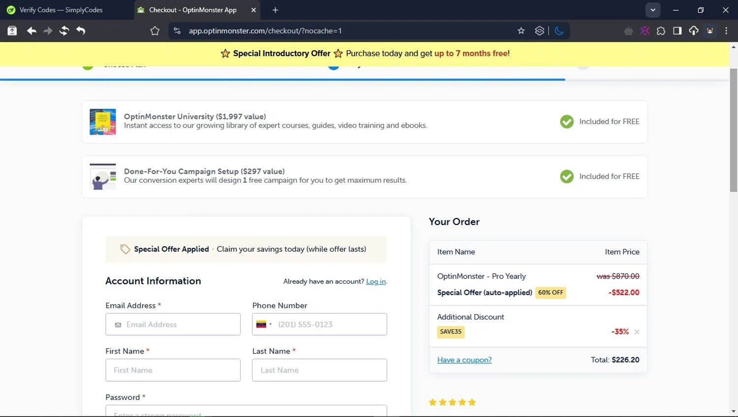 OptinMonster coupon code screenshot showing code SAVE35 applied at OptinMonster checkout page. Uploaded by SimplyCodes community member CleverPioneer8971 on Apr 24, 2025