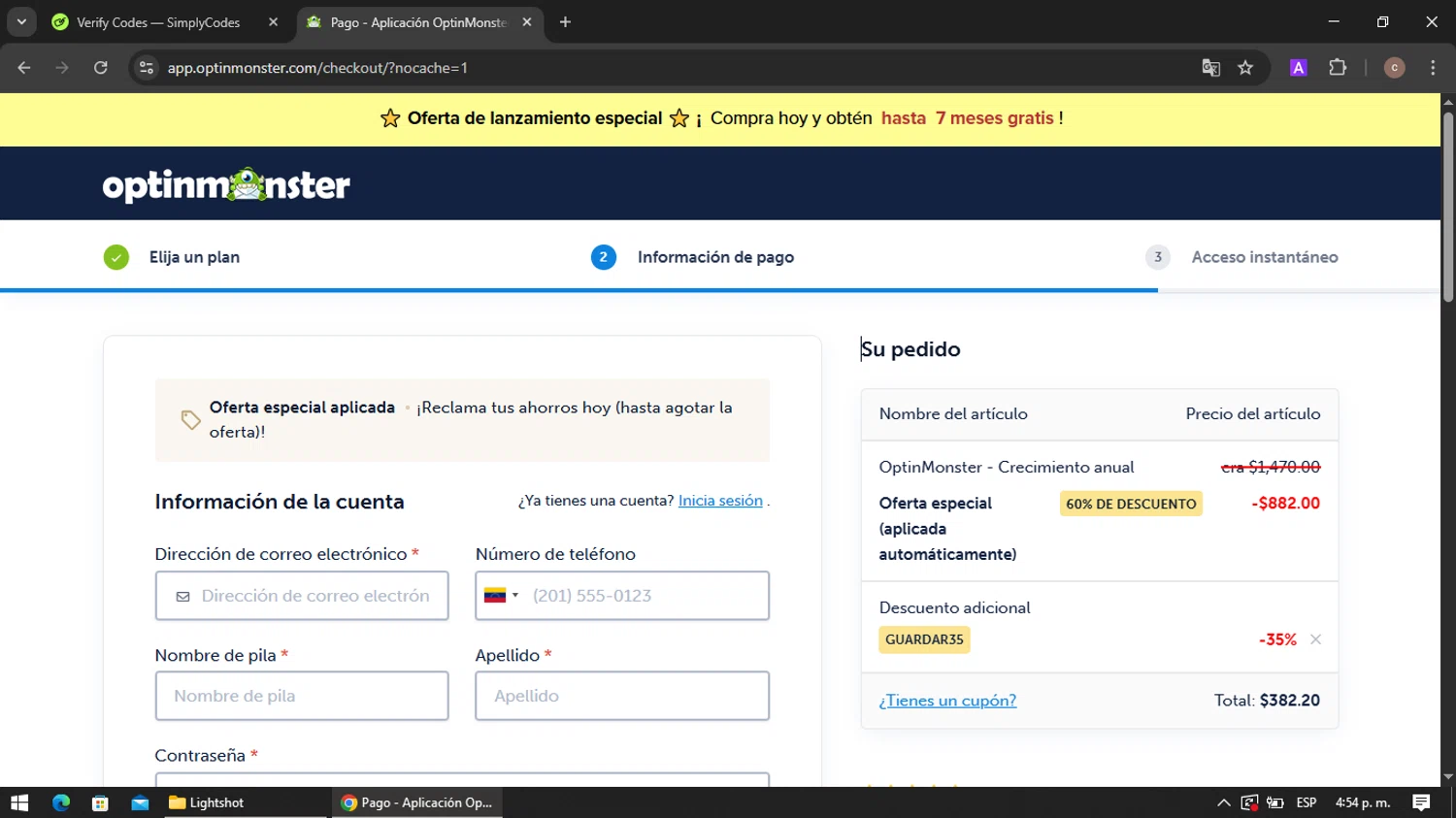 OptinMonster coupon code screenshot showing code SAVE35 applied at OptinMonster checkout page. Uploaded by SimplyCodes community member VoucherRanger901 on Jun 12, 2025