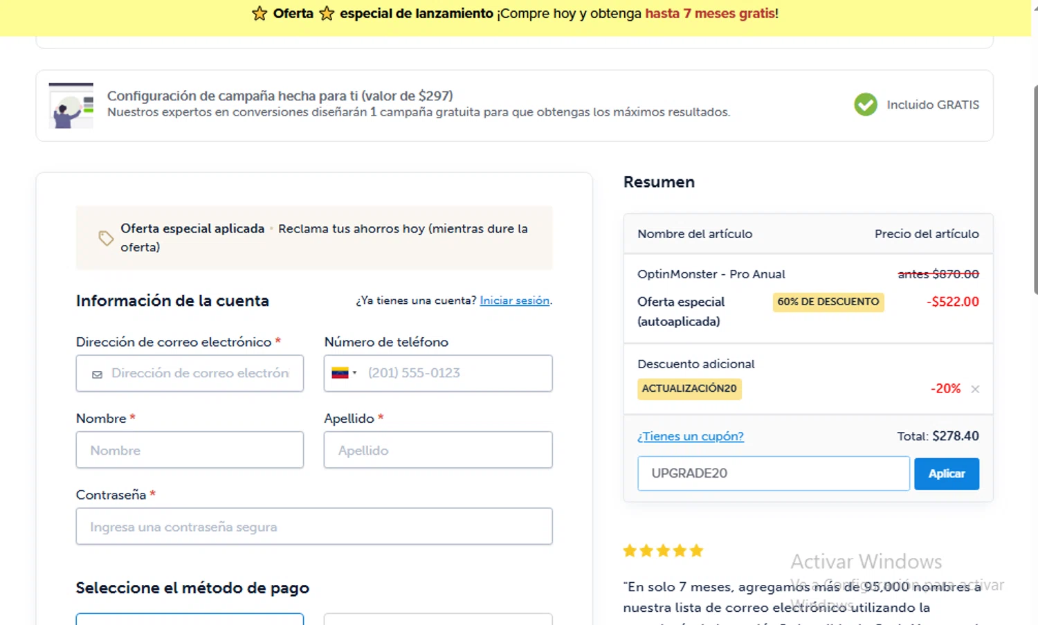 OptinMonster coupon code screenshot showing code UPGRADE20 applied at OptinMonster checkout page. Uploaded by SimplyCodes community member CleverWhiz2265 on Jun 19, 2025
