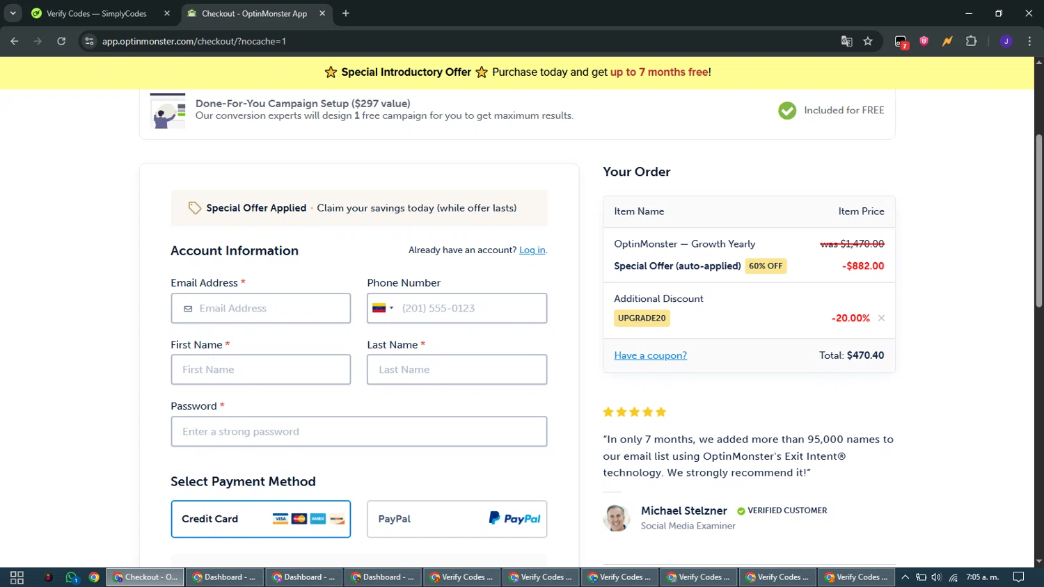OptinMonster coupon code screenshot showing code UPGRADE20 applied at OptinMonster checkout page. Uploaded by SimplyCodes community member WiseMaven9968 on Jan 5, 2026