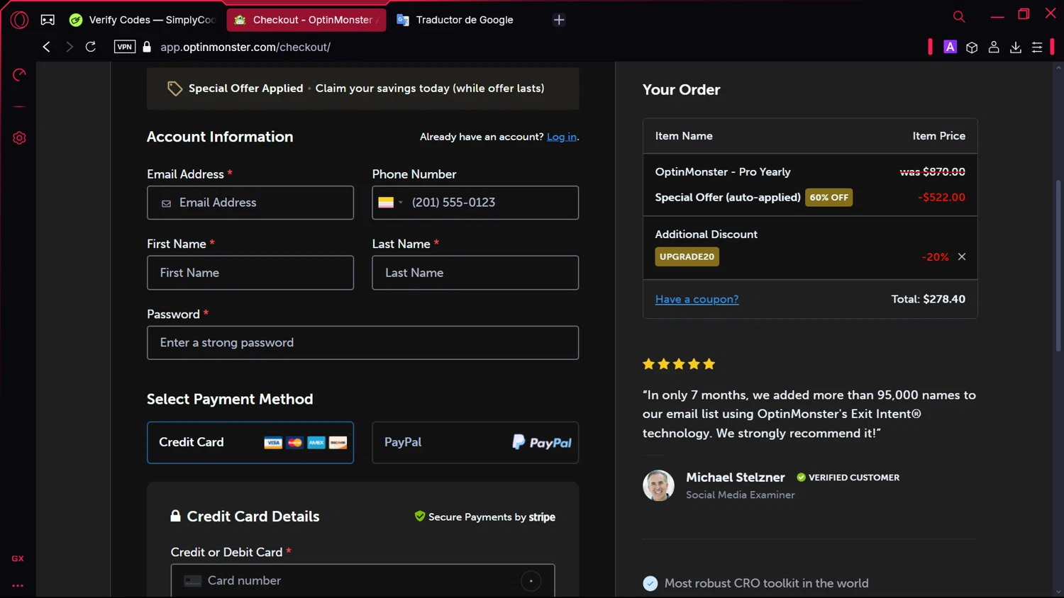OptinMonster coupon code screenshot showing code UPGRADE20 applied at OptinMonster checkout page. Uploaded by SimplyCodes community member comidaparallevar on Jan 20, 2025