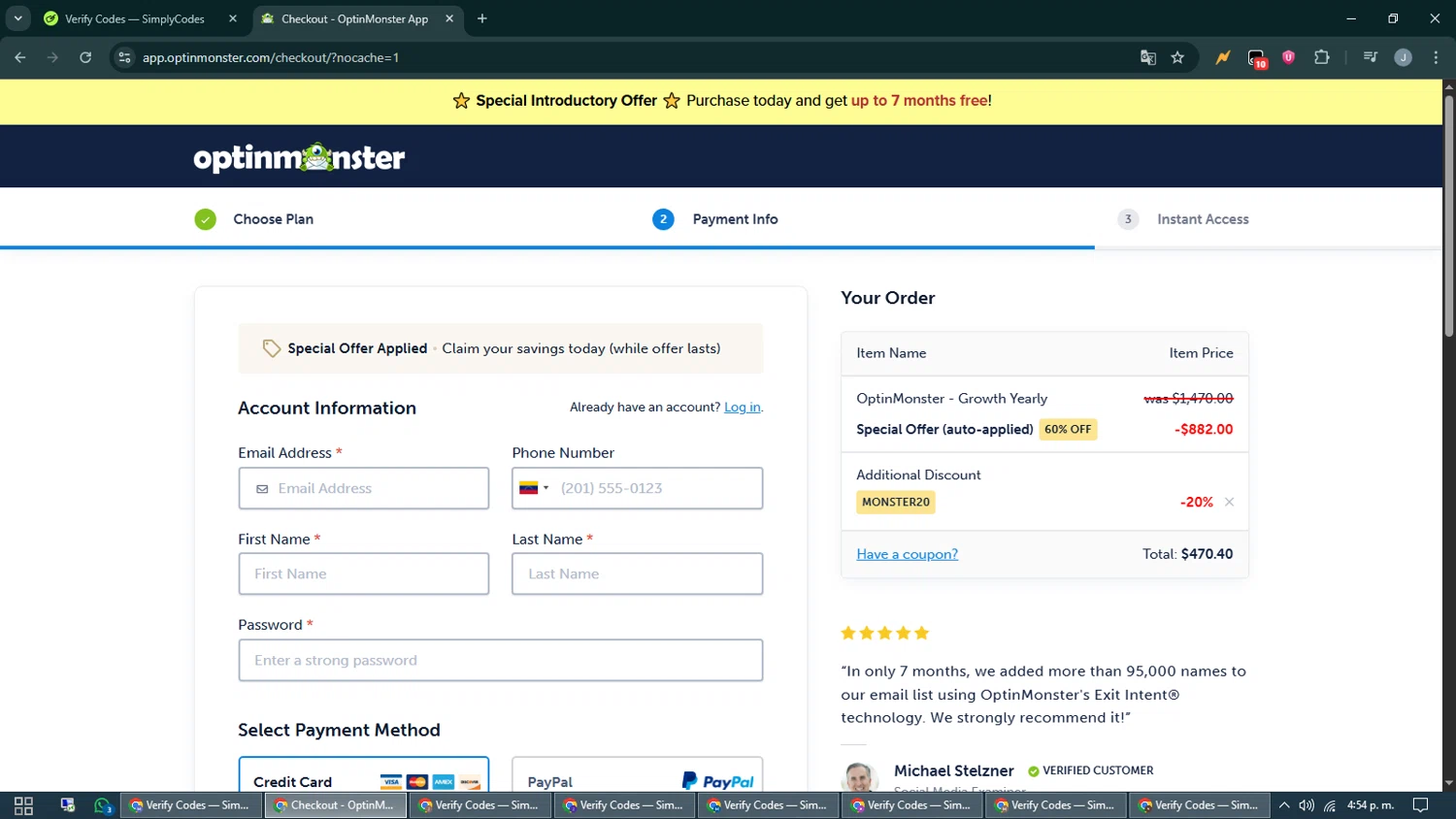 OptinMonster coupon code screenshot showing code MONSTER20 applied at OptinMonster checkout page. Uploaded by SimplyCodes community member CashShopper1214 on Jun 12, 2025
