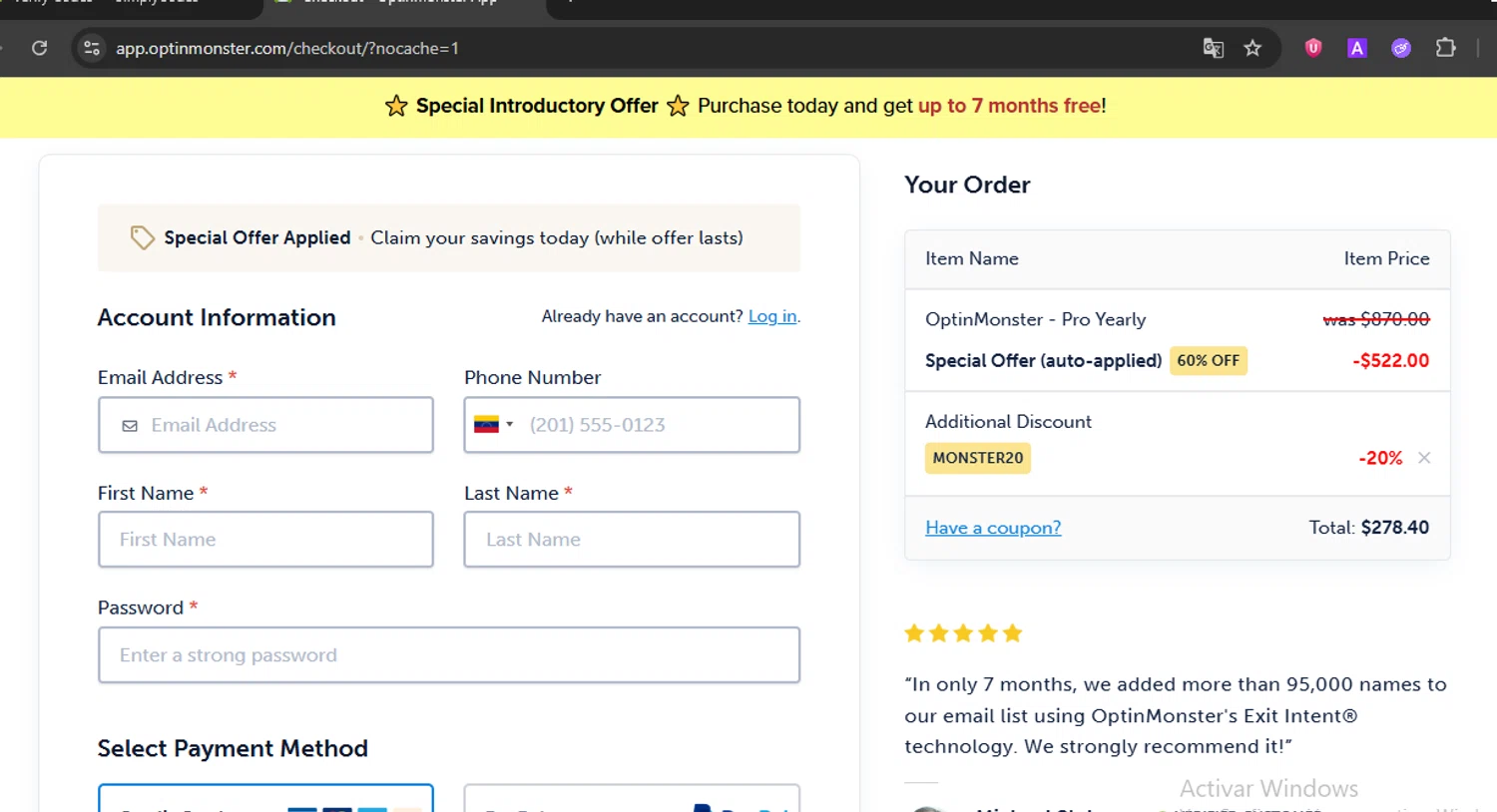 OptinMonster coupon code screenshot showing code MONSTER20 applied at OptinMonster checkout page. Uploaded by SimplyCodes community member ExtraordinarySleuth3936 on Jun 20, 2025