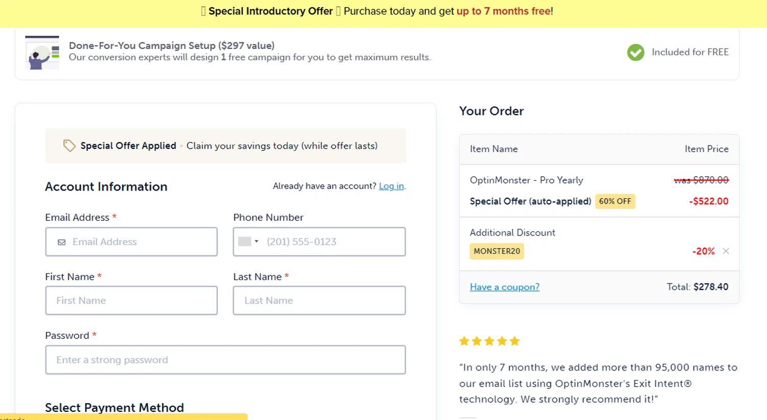 OptinMonster coupon code screenshot showing code MONSTER20 applied at OptinMonster checkout page. Uploaded by SimplyCodes community member Yuskecoder426913 on Jun 19, 2025