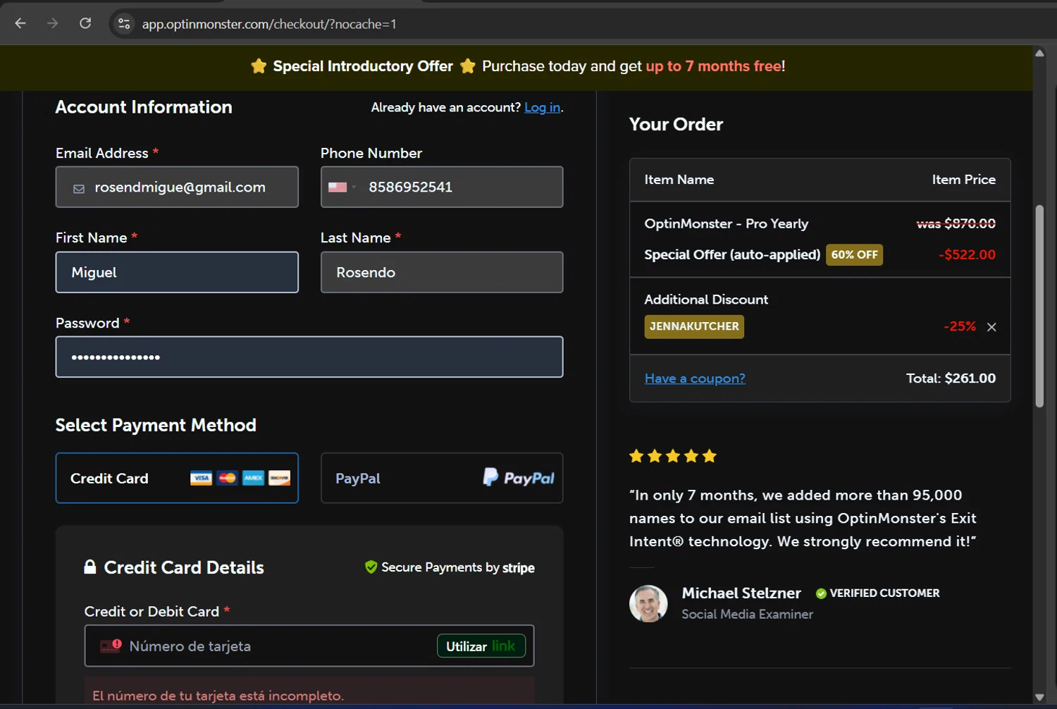 OptinMonster coupon code screenshot showing code JENNAKUTCHER applied at OptinMonster checkout page. Uploaded by SimplyCodes community member ScanHunter7116 on Jun 19, 2025
