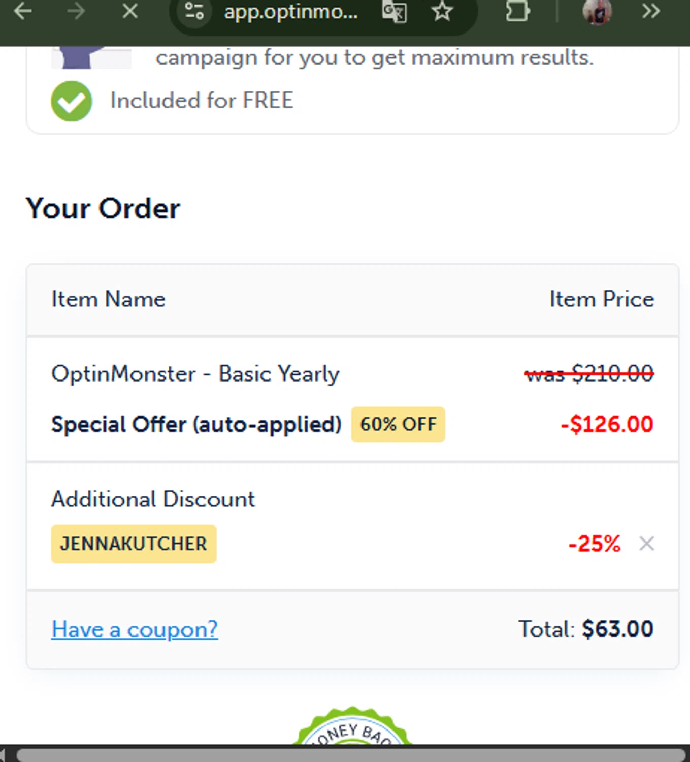 OptinMonster coupon code screenshot showing code JENNAKUTCHER applied at OptinMonster checkout page. Uploaded by SimplyCodes community member CashSaver3941 on Apr 24, 2025