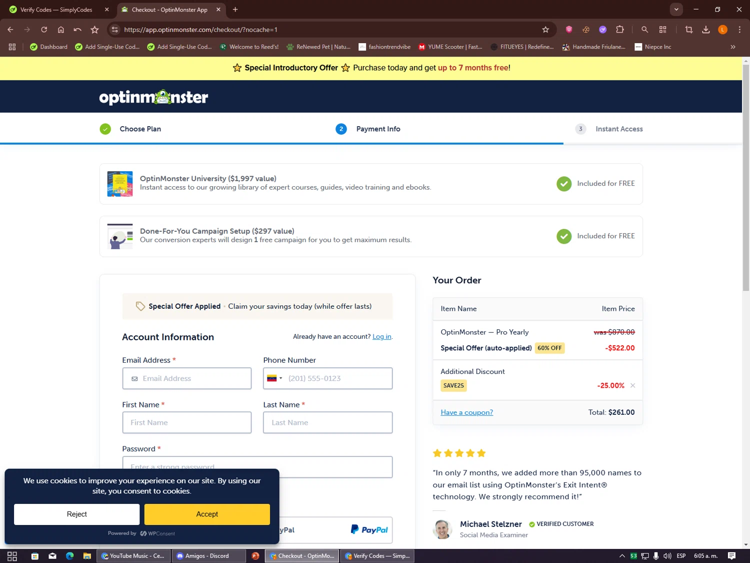 OptinMonster checkout page showing OptinMonster coupon code box | Screenshot taken by SimplyCodes community member on Dec 13, 2025