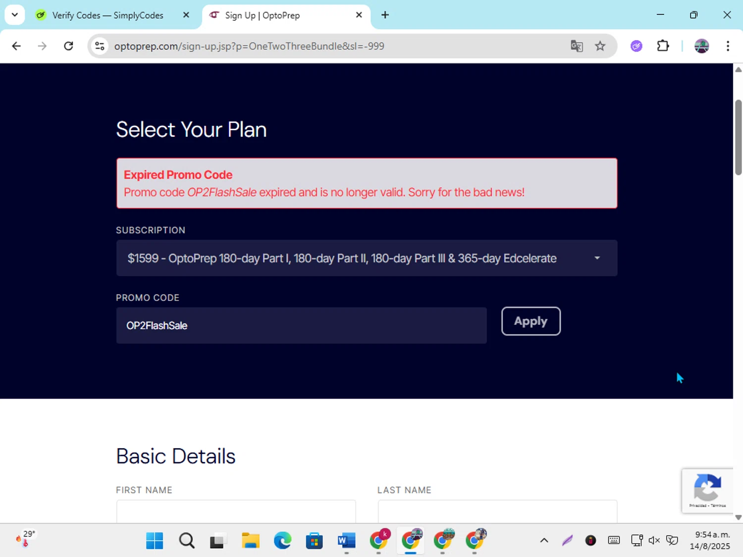 OptoPrep promo code screenshot showing code OP2FlashSale applied at OptoPrep checkout page. Uploaded by SimplyCodes community member DiscountGenius6081 on Aug 14, 2025