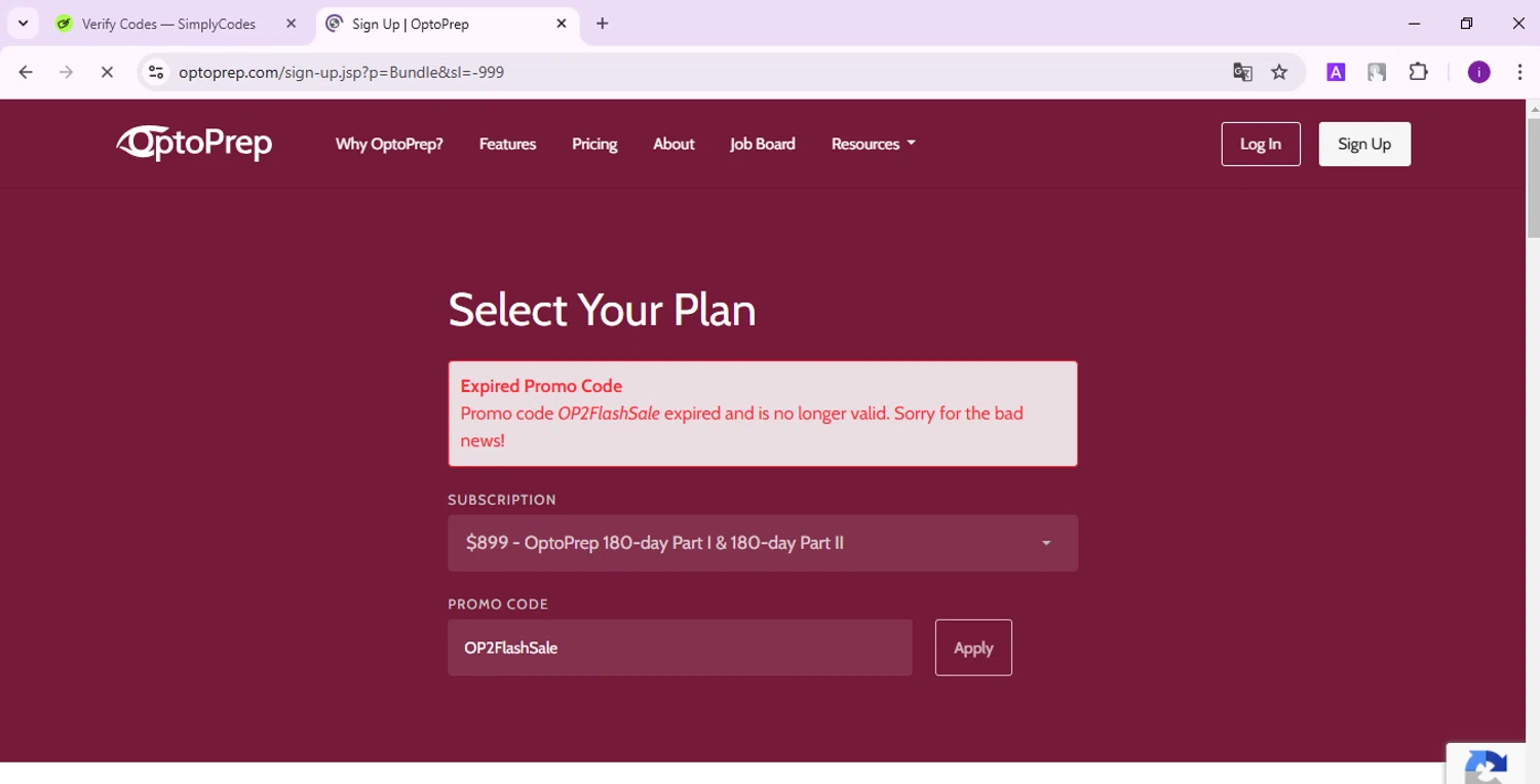 OptoPrep promo code screenshot showing code OP2FlashSale applied at OptoPrep checkout page. Uploaded by SimplyCodes community member SalePro7215 on Jan 15, 2025