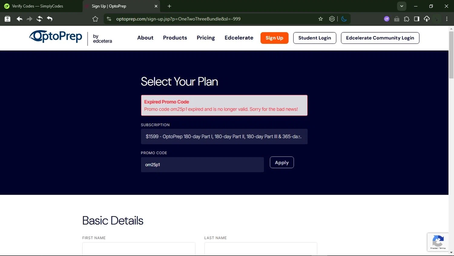OptoPrep promo code screenshot showing code om25p1 applied at OptoPrep checkout page. Uploaded by SimplyCodes community member RewardMonarch1185 on Jul 30, 2025