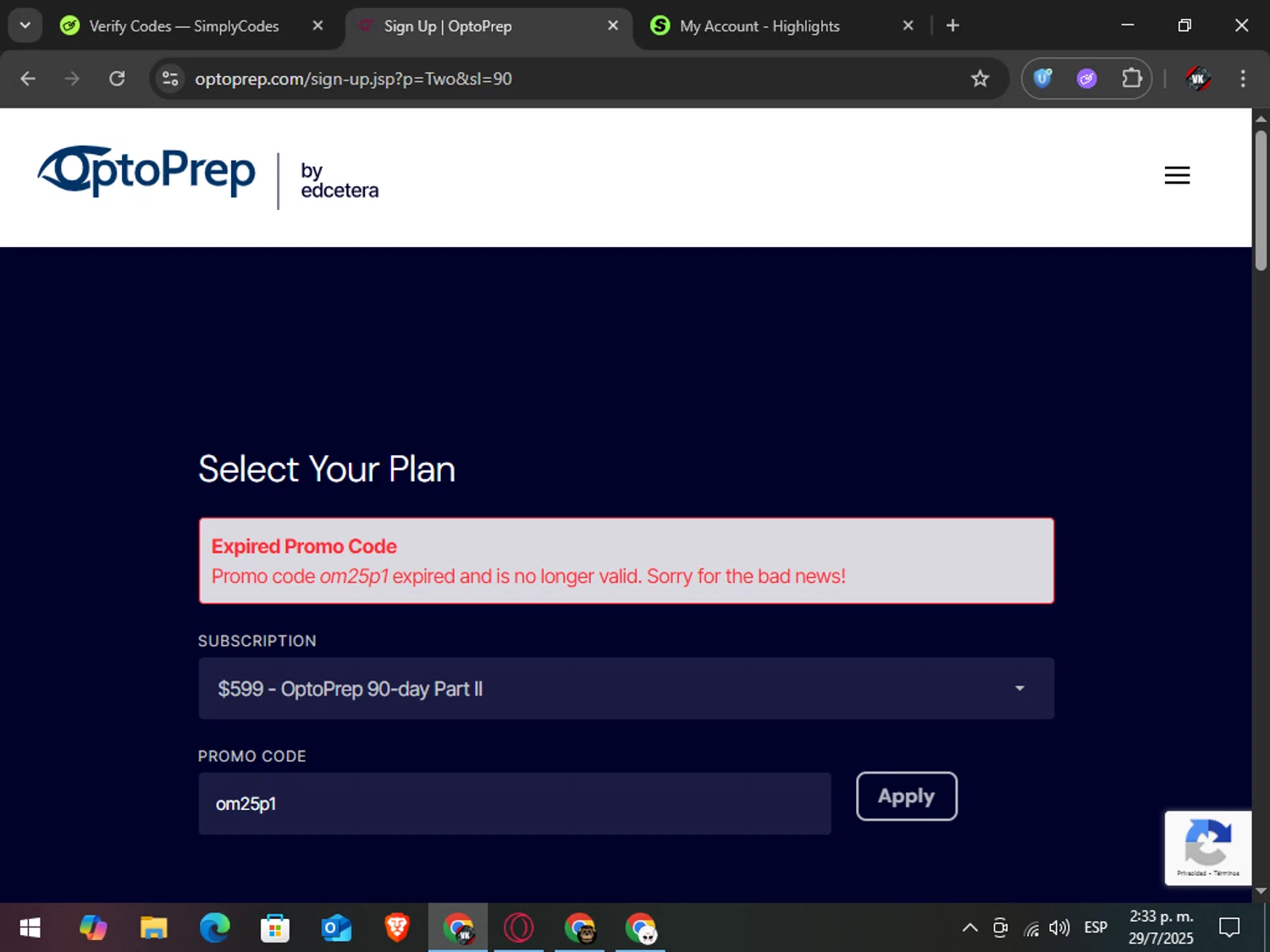 OptoPrep promo code screenshot showing code om25p1 applied at OptoPrep checkout page. Uploaded by SimplyCodes community member TreasureAdmiral6867 on Jul 29, 2025
