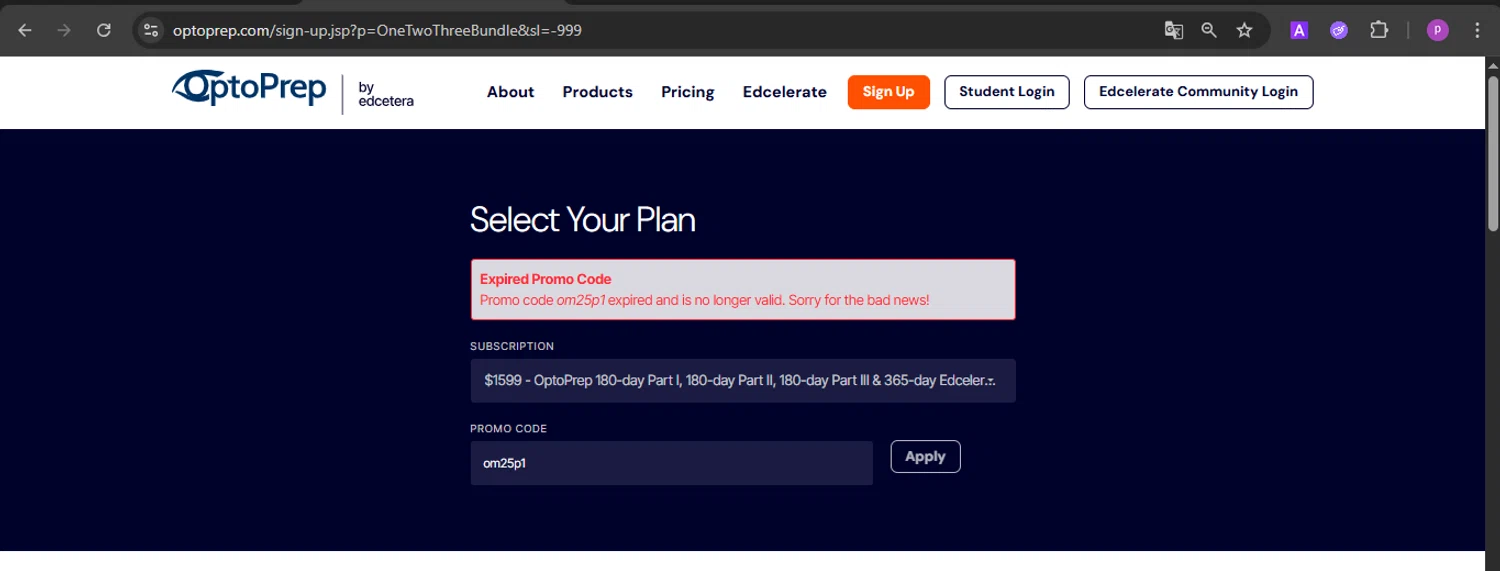 OptoPrep promo code screenshot showing code om25p1 applied at OptoPrep checkout page. Uploaded by SimplyCodes community member firoas on Jul 29, 2025