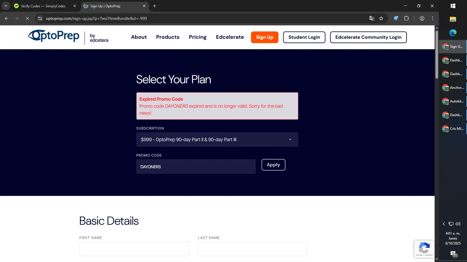 OptoPrep promo code screenshot showing code DAYONERS applied at OptoPrep checkout page. Uploaded by SimplyCodes community member MoneyPilot9165 on Oct 6, 2025