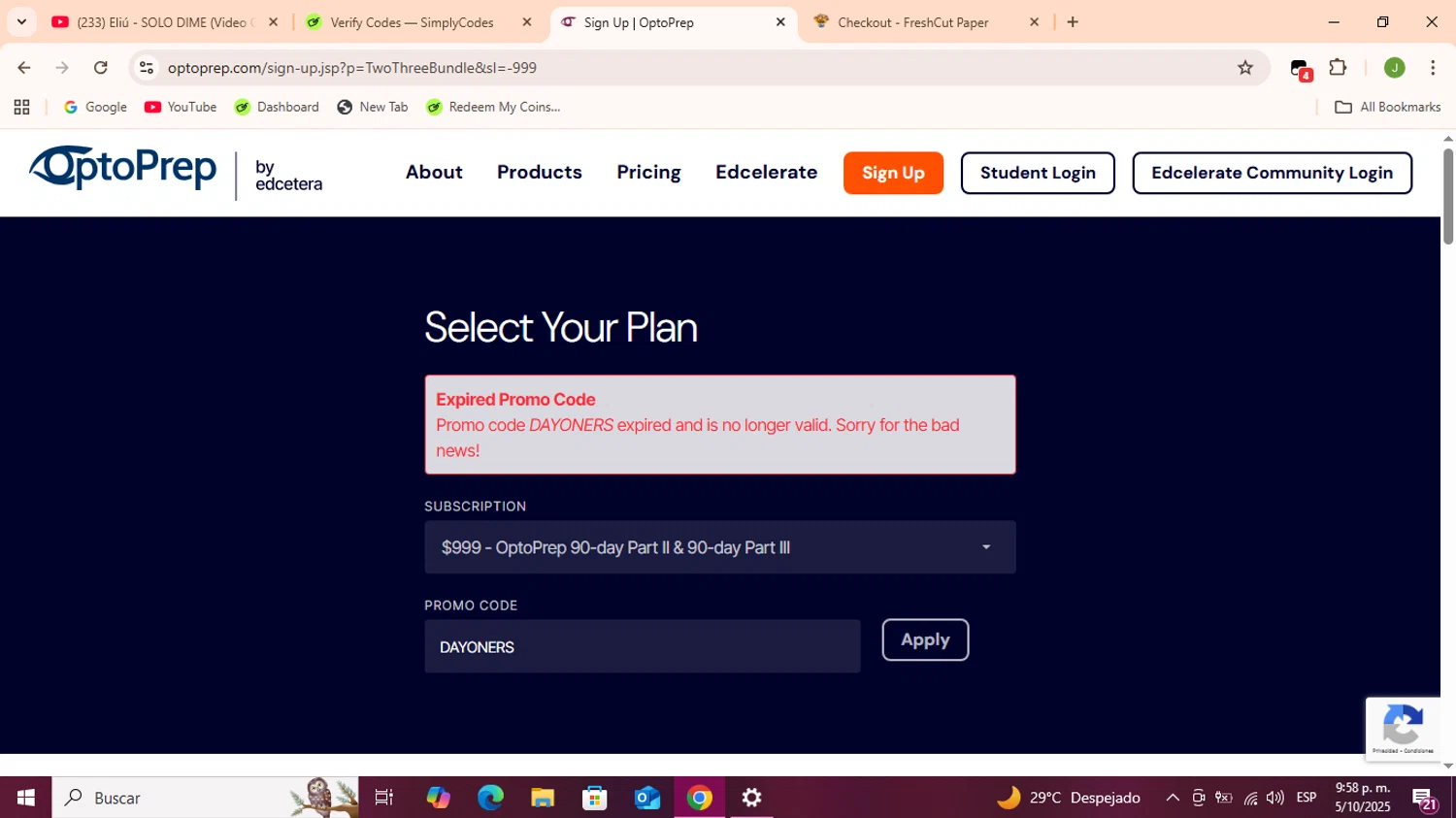 OptoPrep promo code screenshot showing code DAYONERS applied at OptoPrep checkout page. Uploaded by SimplyCodes community member Sukuna_ on Oct 6, 2025