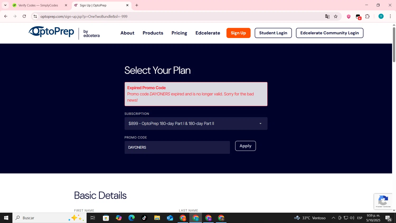 OptoPrep promo code screenshot showing code DAYONERS applied at OptoPrep checkout page. Uploaded by SimplyCodes community member codygakpo on Oct 6, 2025