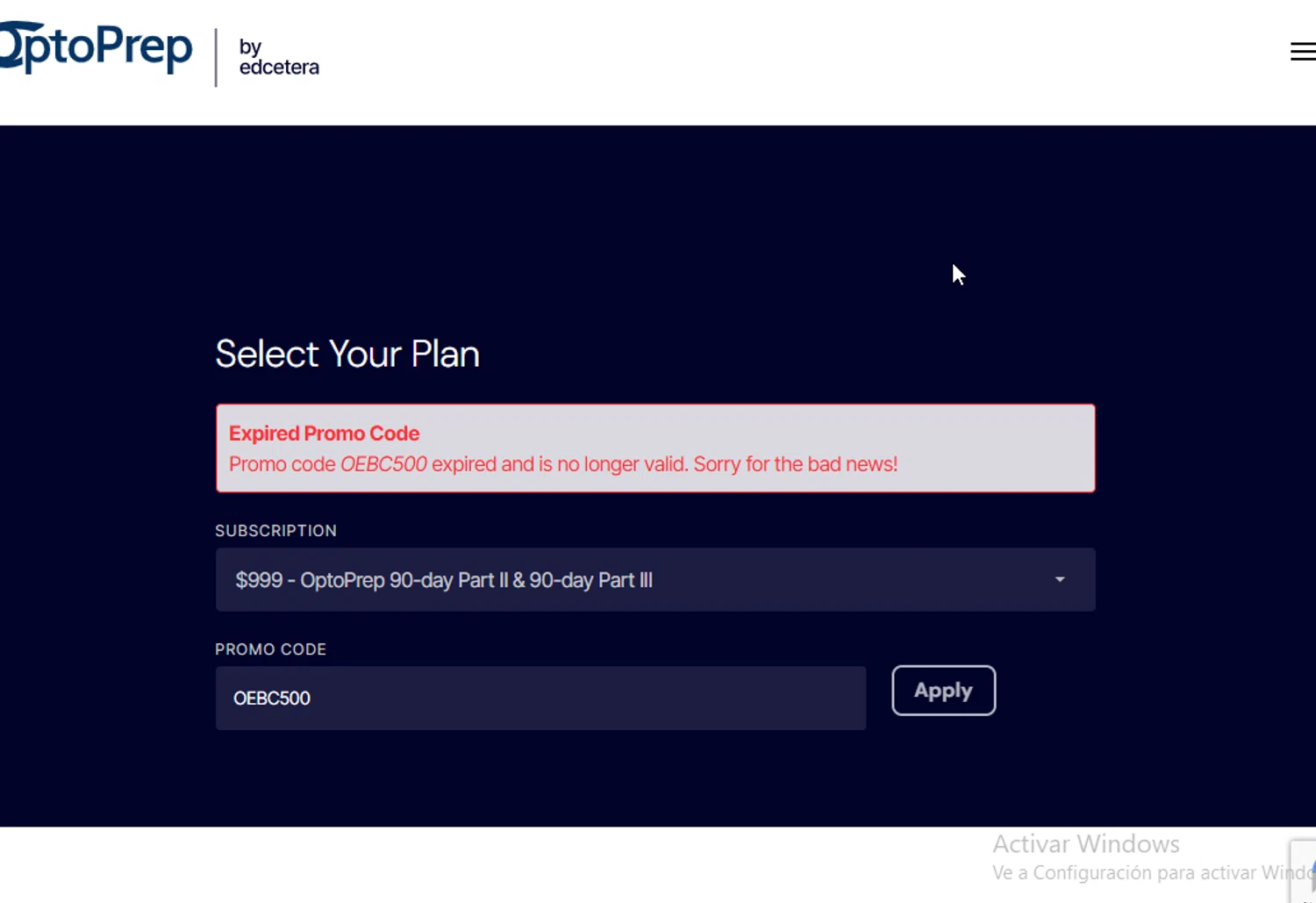 OptoPrep promo code screenshot showing code OEBC500 applied at OptoPrep checkout page. Uploaded by SimplyCodes community member BudgetGuardian5712 on Oct 3, 2025