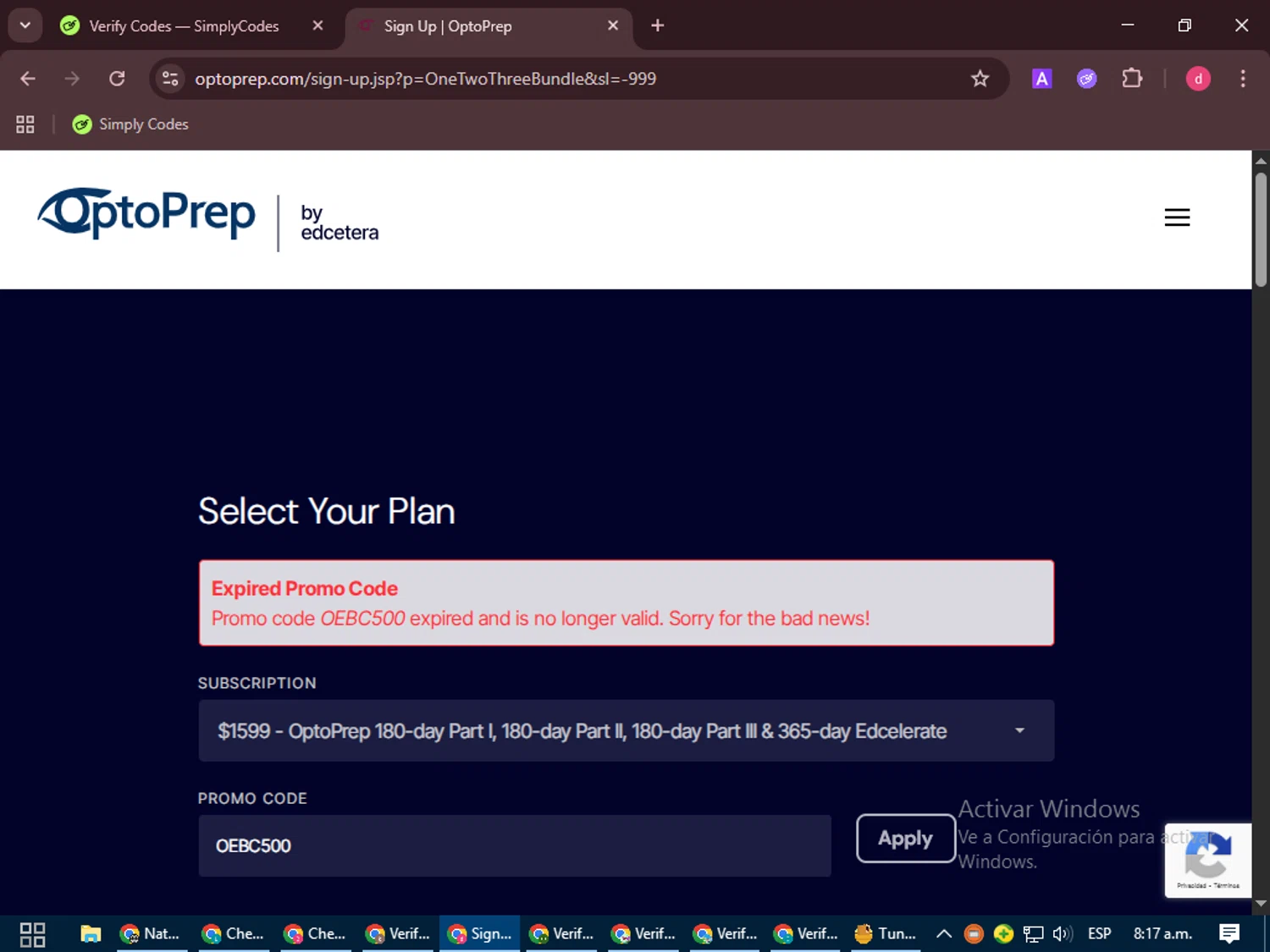 OptoPrep promo code screenshot showing code OEBC500 applied at OptoPrep checkout page. Uploaded by SimplyCodes community member BudgetVoyager5452 on Oct 3, 2025