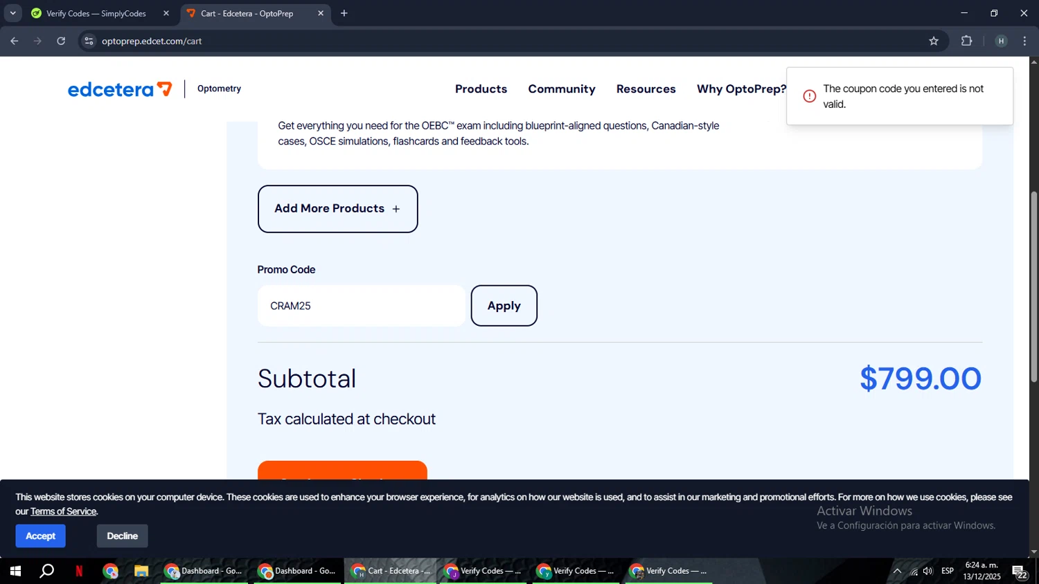 OptoPrep promo code screenshot showing code CRAM25 applied at OptoPrep checkout page. Uploaded by SimplyCodes community member YAMAHA on Dec 13, 2025