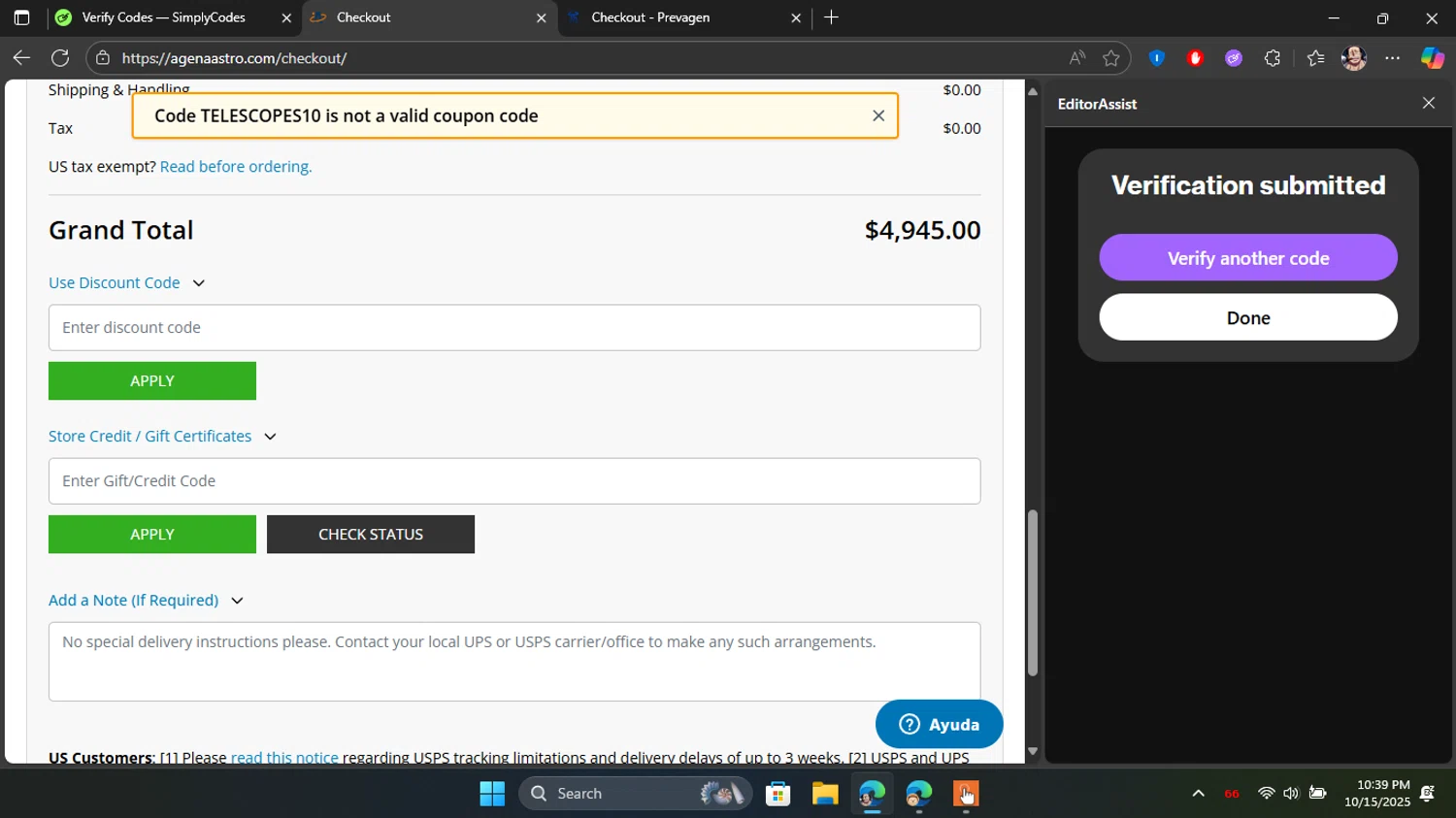 OPT Telescopes coupon code screenshot showing code TELESCOPES10 applied at OPT Telescopes checkout page. Uploaded by SimplyCodes community member Blackleg_Sanji on Oct 16, 2025