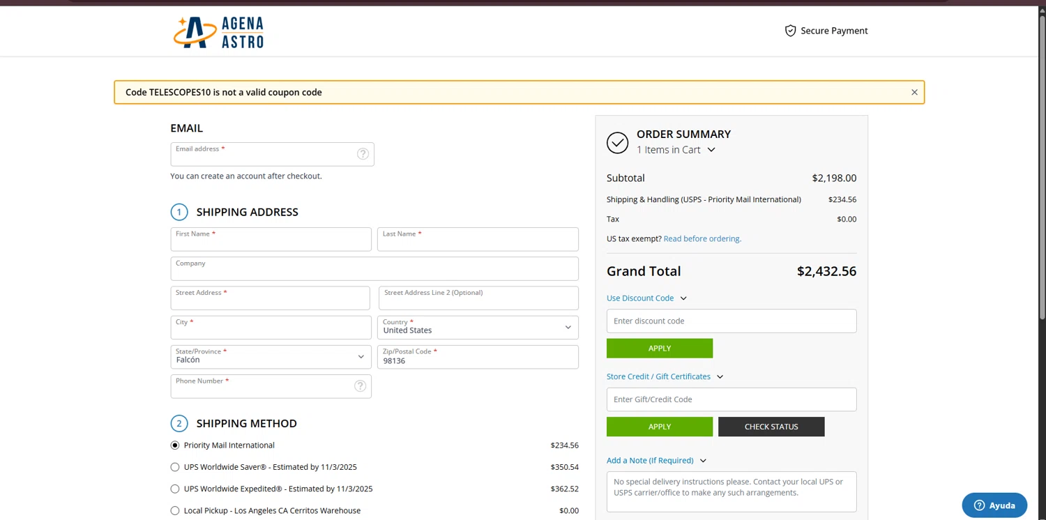 OPT Telescopes coupon code screenshot showing code TELESCOPES10 applied at OPT Telescopes checkout page. Uploaded by SimplyCodes community member FortunateDefender7285 on Oct 16, 2025