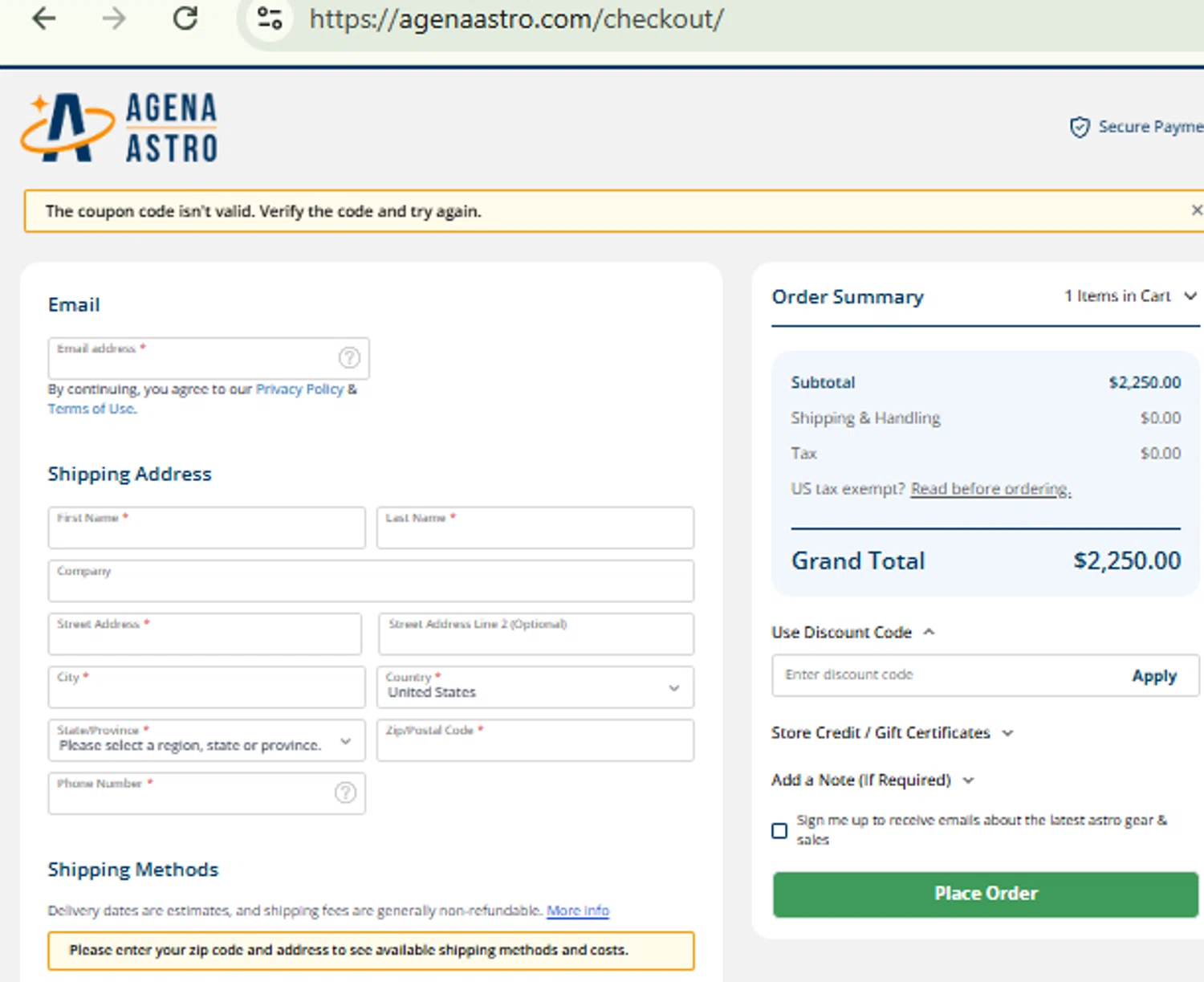 OPT Telescopes coupon code screenshot showing code FREESB applied at OPT Telescopes checkout page. Uploaded by SimplyCodes community member RewardFinder4836 on Feb 13, 2026