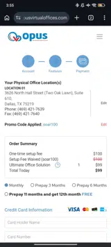 Opus Virtual Offices coupon verification screenshot