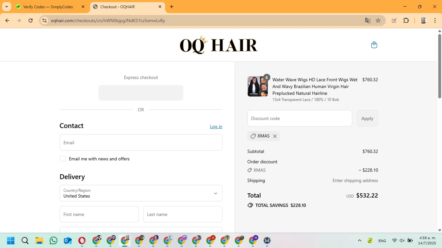 Oq Hair discount code screenshot showing code XMAS applied at Oq Hair checkout page. Uploaded by SimplyCodes community member ManuelF on Jul 14, 2025